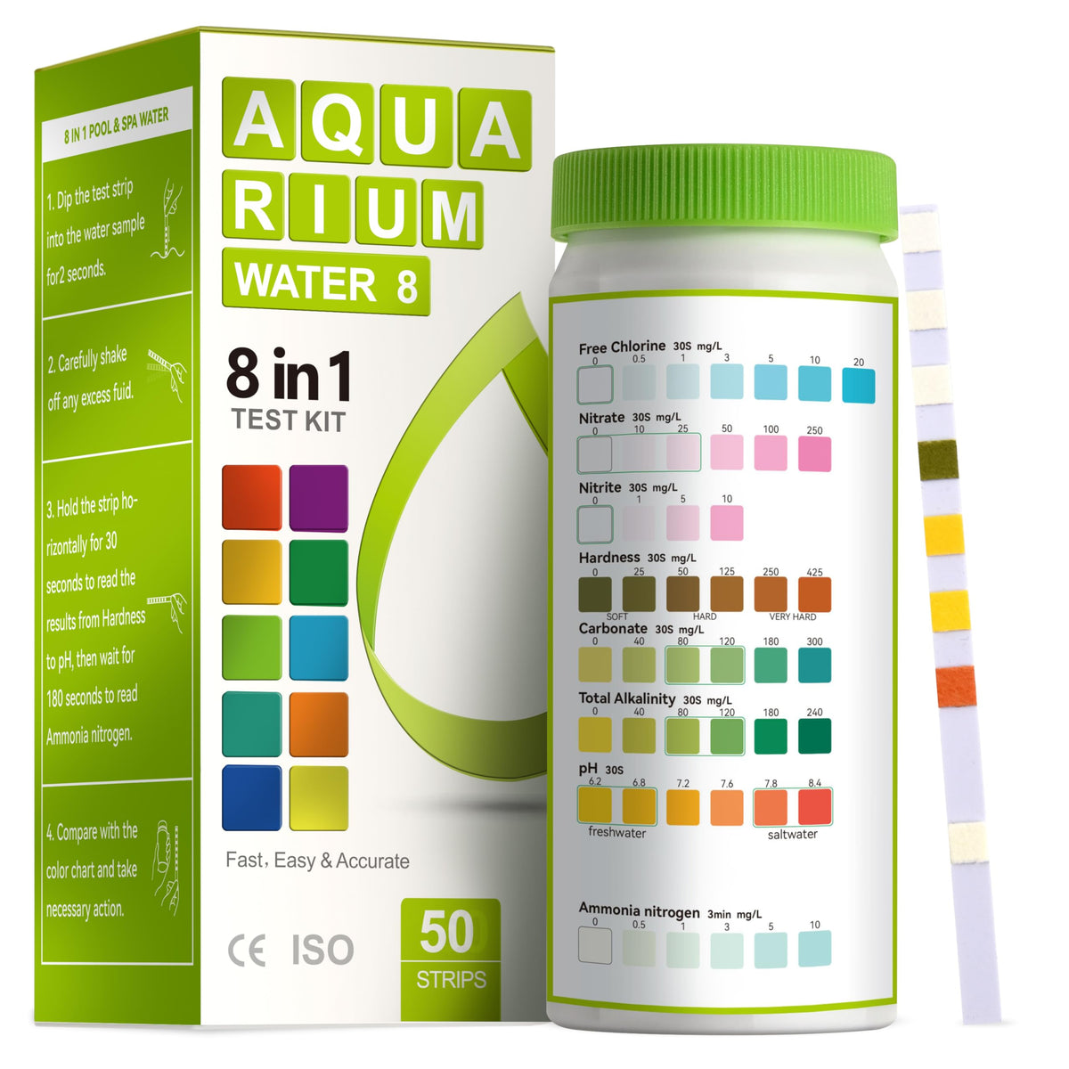 AAwipes 8-in-1 Aquarium-Testkit für Aquarien – schnelle und genaue Wasserteststreifen für Aquarien und Teiche. Testet pH-Wert, Ammoniak, Alkalität, Härte, Chlor usw. (K02-50)