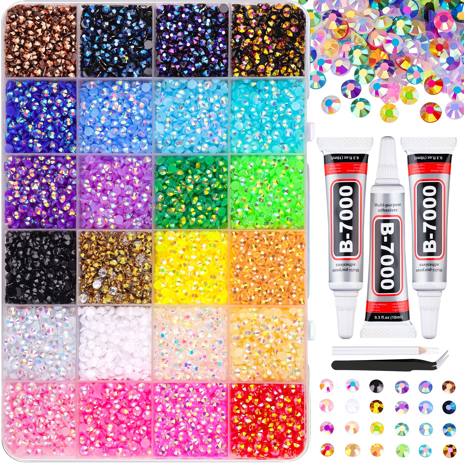 30000Pcs Resin Jelly Rhinestones for Bedazzling, Mixed-Color 3mm Flatback Gems for Diamond Art, Bedazzler Kit with 3Pcs 10ml B7000 Jewelry Glue for Crafting Crafts Book Shoes Nail Art