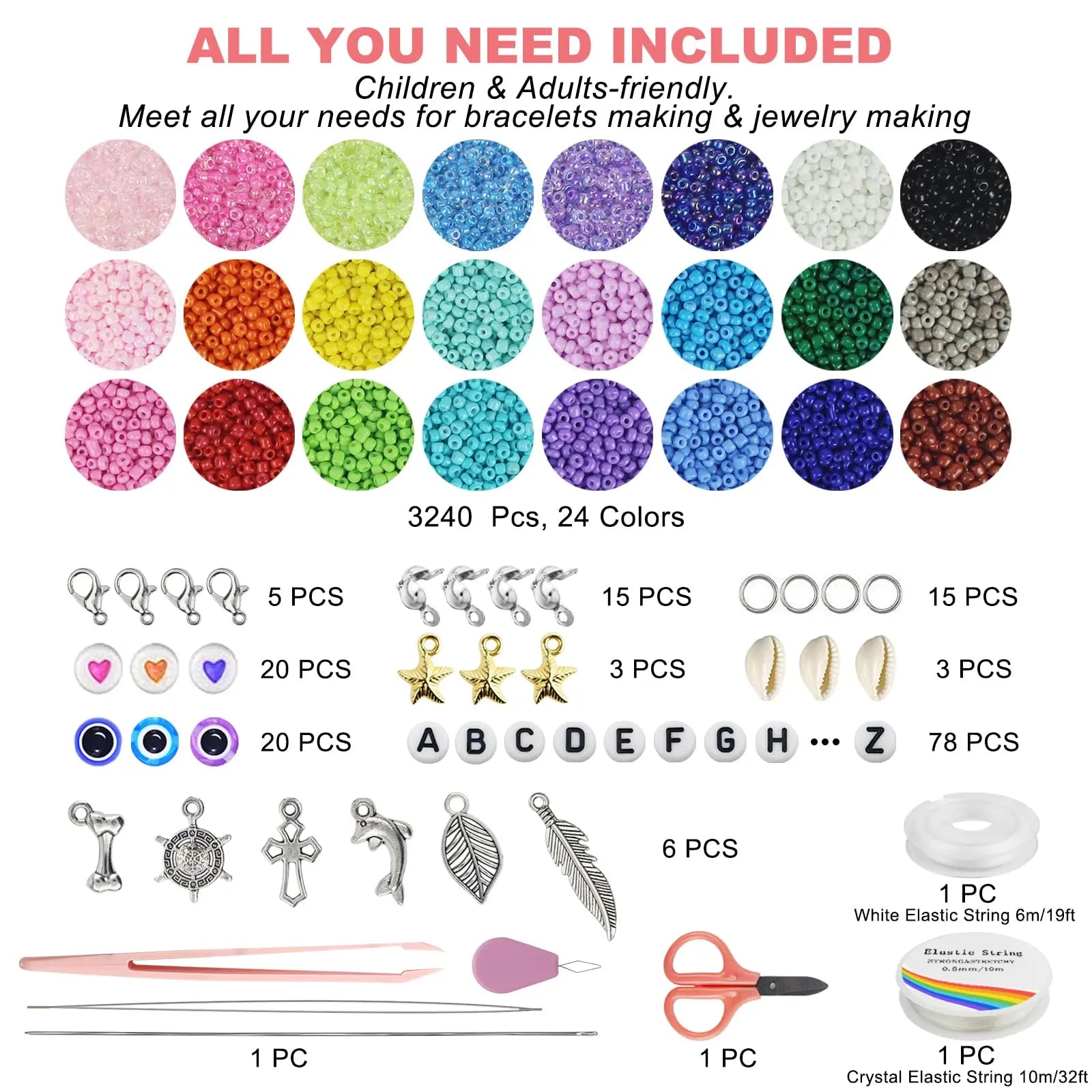 Redtwo 4mm Glass Seed Beads for Jewelry Bracelet Making Kit, Small Beads Friendship Bracelet Kit, Tiny Waist Beads with Letter Beads and Elastic String, DIY Art Craft Girls Gifts.