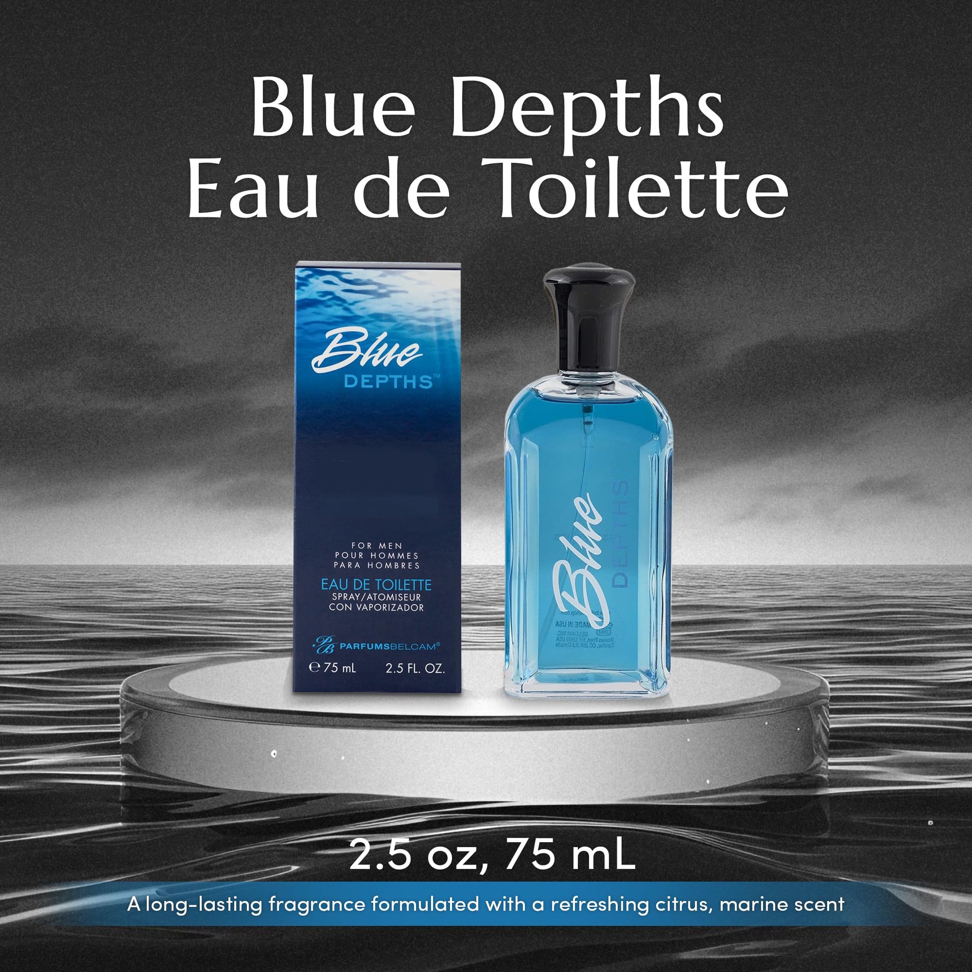 PB ParfumsBelcam Blue Depths Eau de Toilette Fragrance Spray - 2.5 Fl Oz. Fresh Aquatic Cologne for Men with Crisp Citrus, Warm Musk & Amber Scent, Crafted with Premium Oils for Day & Night Use