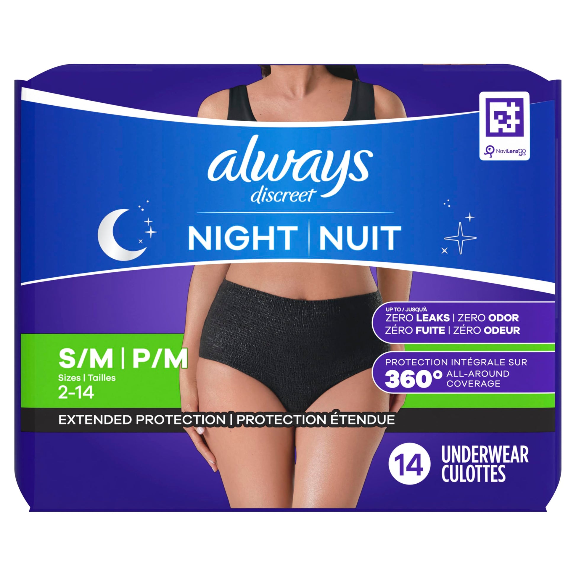 Always Discreet Adult Incontinence Overnight Underwear for Women, Small/Medium, Up to 100% Bladder Leak Protection, 14 Count