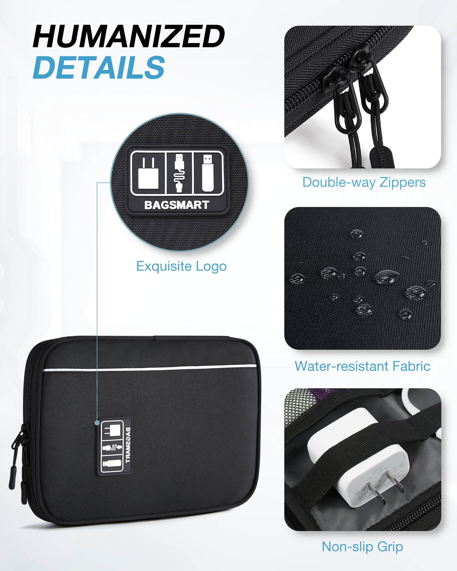 BAGSMART Electronics Travel Organizer Case, Tech Accessories Cord Storage Bag for Phone, Power Bank, SD Card, Cables, Black