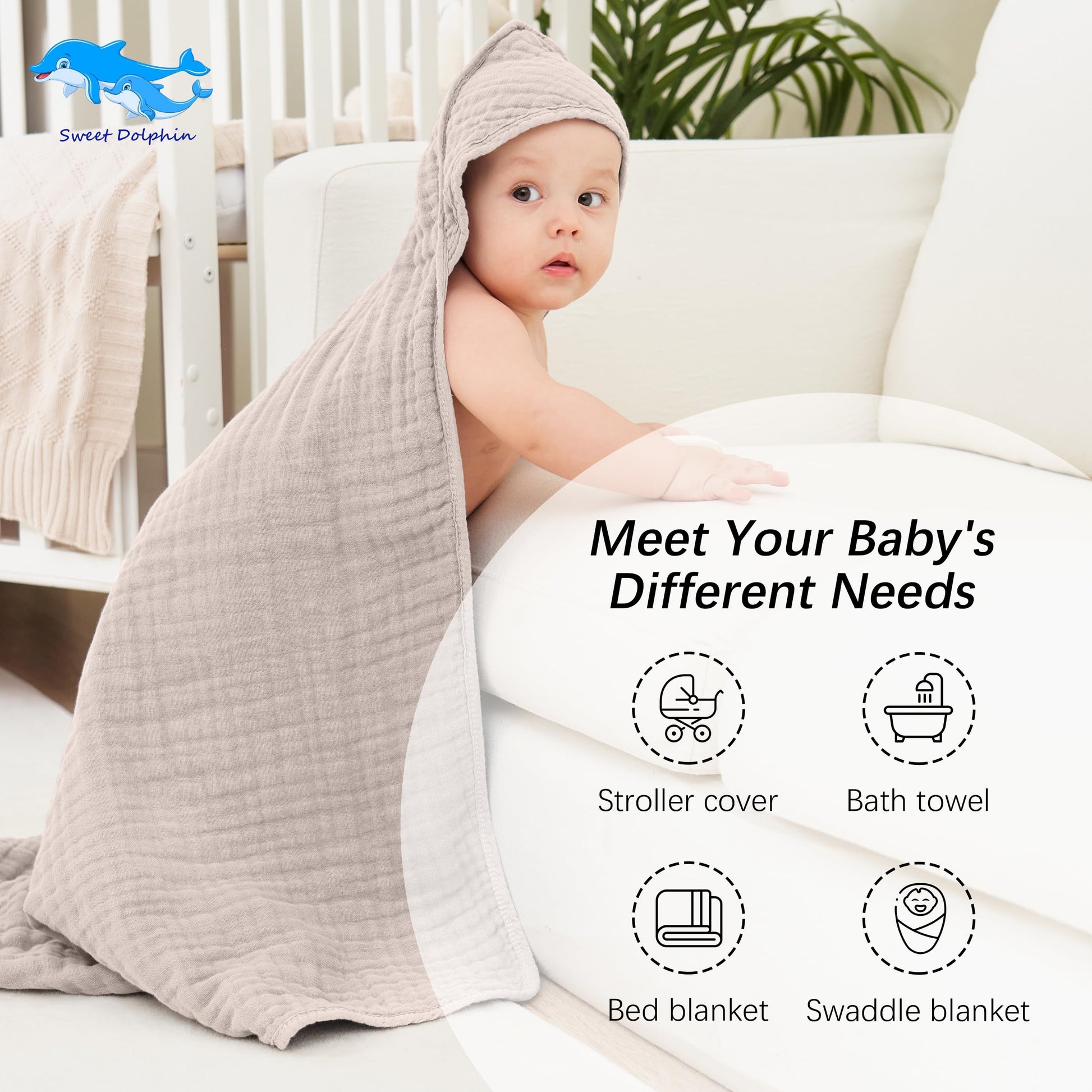 SWEET DOLPHIN Muslin Hooded Baby Bath Towels - 2 Pack 100% Cotton Towel for Babies, Infants, Toddlers - 32x32Inch - Highly Absorbent and Newborn Essential, Light Bean Paste