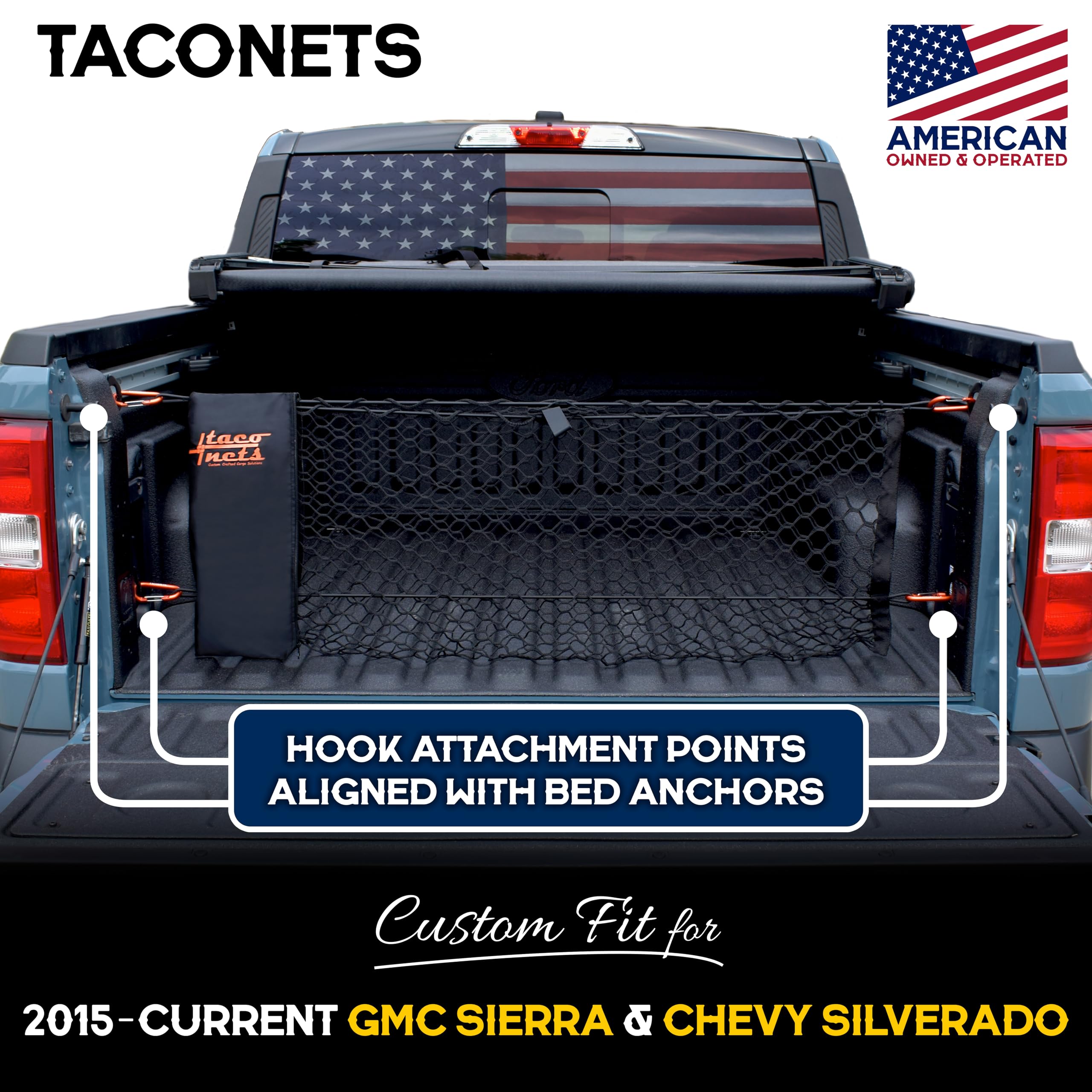 TacoNets Envelope Cargo Net for GMC Sierra & Chevy Silverado - Fits 2013-2025 - Upgraded 5mm Bungee - Integrated Storage Bag - Heavy Duty Carabiners - Designed in USA - 18" x 50"