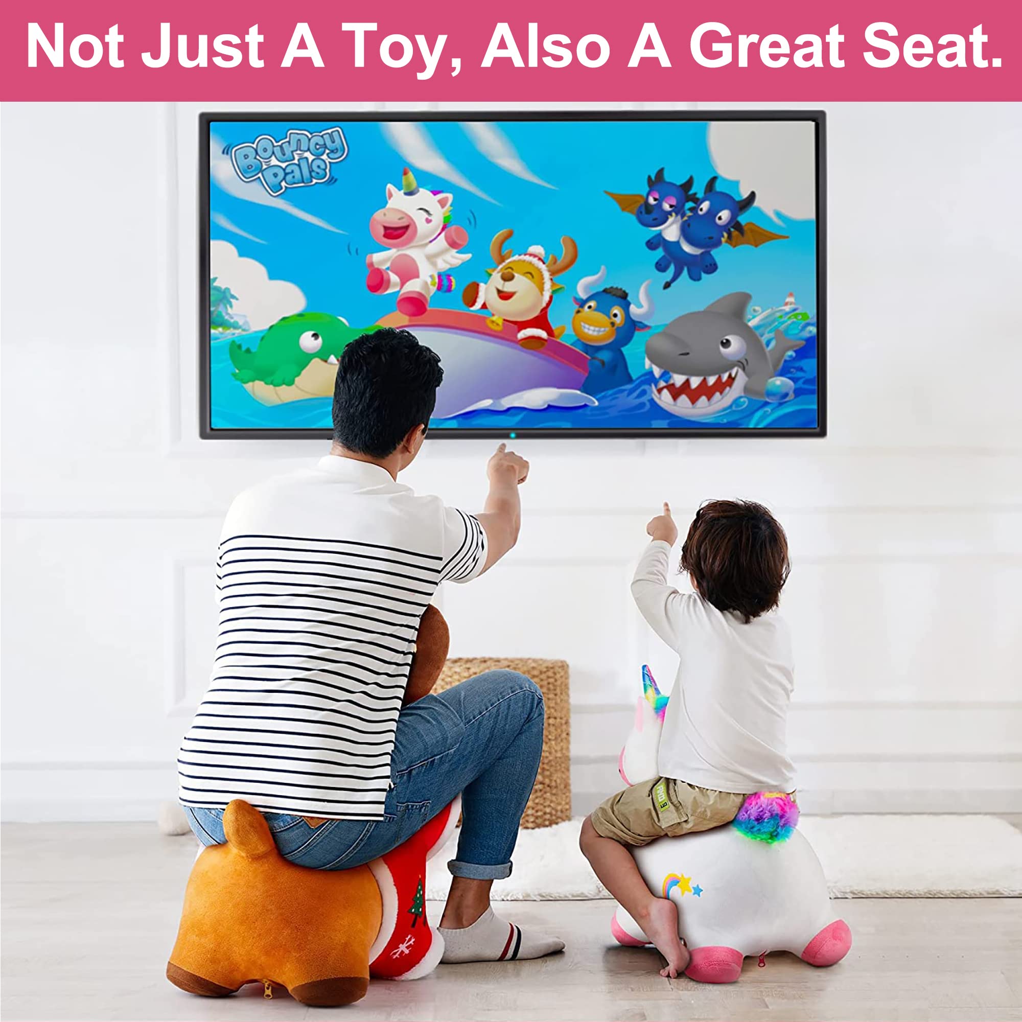iPlay, iLearn Bouncy Pals Hopping Unicorn Horse, Toddler Girl Inflatable Bouncing Animal Hopper Toy, Outdoor Indoor Plush Ride on Bouncer, Baby Birthday Gift 18 Month 2 3 4 Year Old Kid - Unicorn