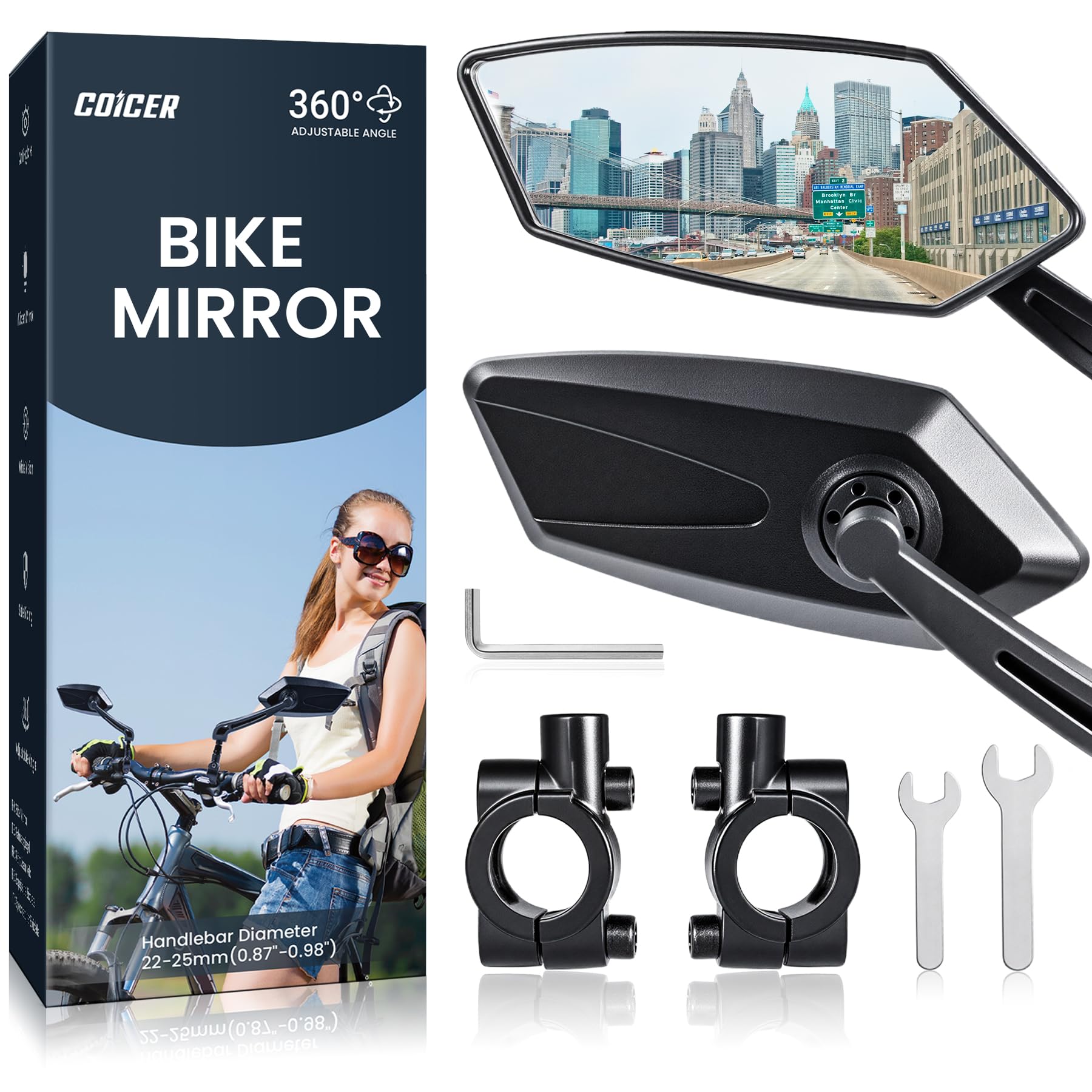 Bike Mirror Handlebar Mount 360° Adjustable 2pcs, Bike Accessories Bicycle Mirrors for Handlebars with Scratch Resistant Glass, E Bike Rear View Mirror for Scooter, Motorcycle