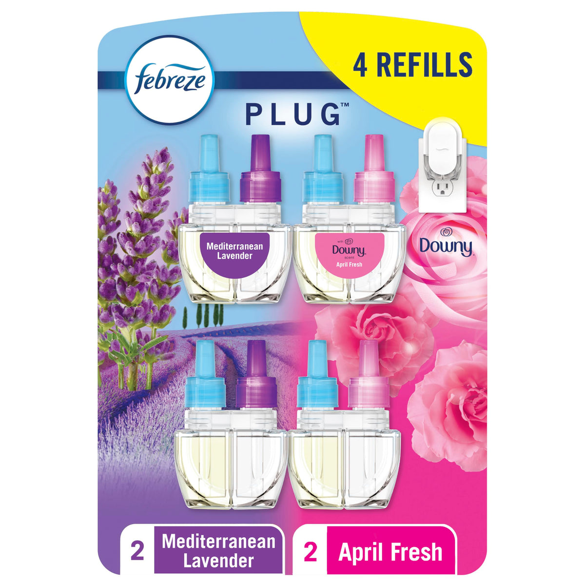 Febreze Odor-Fighting Fade Defy PLUG Air Freshener,Downy April Fresh, Mediterranean Lavender, .87 fl. oz. Oil Refills, 4 Refills (2 of Each)