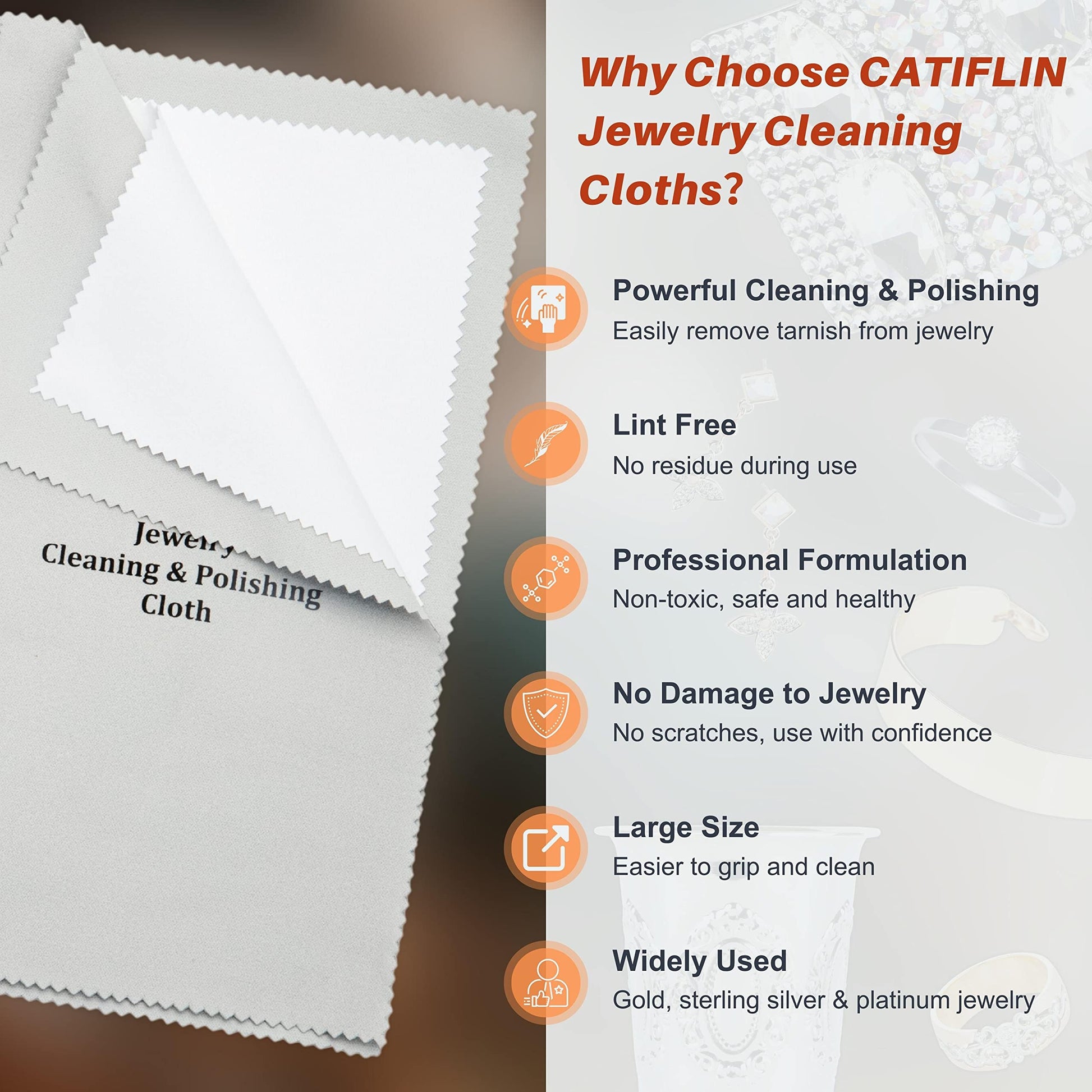 CATIFLIN 2pcs Multi-Layer Jewelry Cleaning Cloth, Large Silver Polishing Cloth, 100% Cotton Jewelry Polishing Cloths for Gold, Silver and Platinum Jewelry (Light Gray, 10 "X12")