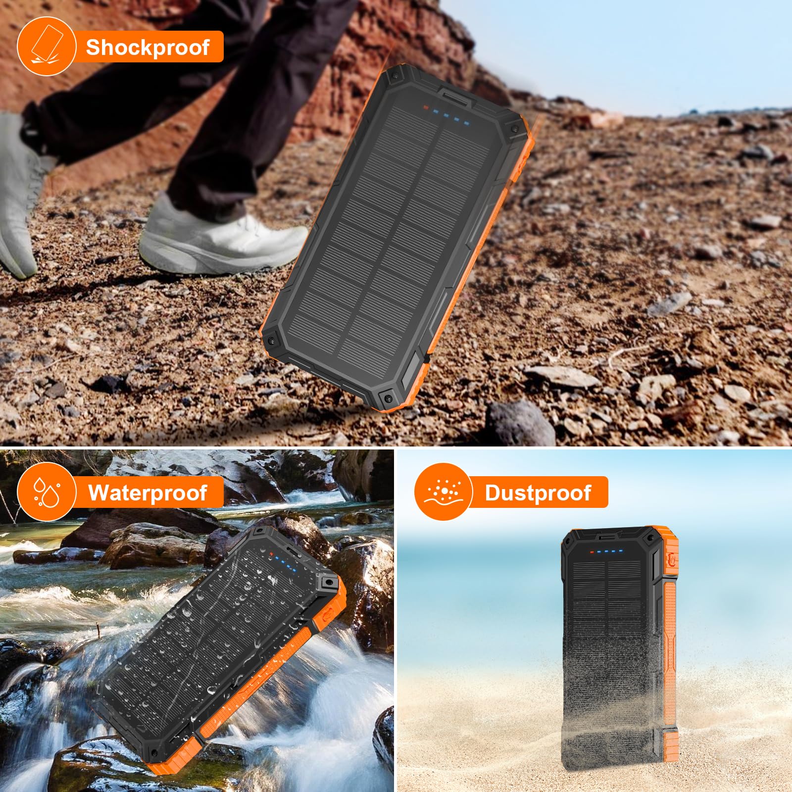 ERRBBIC Solar Charger Power Bank 49800mAh, 22.5W Portable Charger, 15W Wireless Charging, Solar Panel Charger, Built-in Four Cable, with USB C for Cell Phones, with Dual Flashlight for Camping