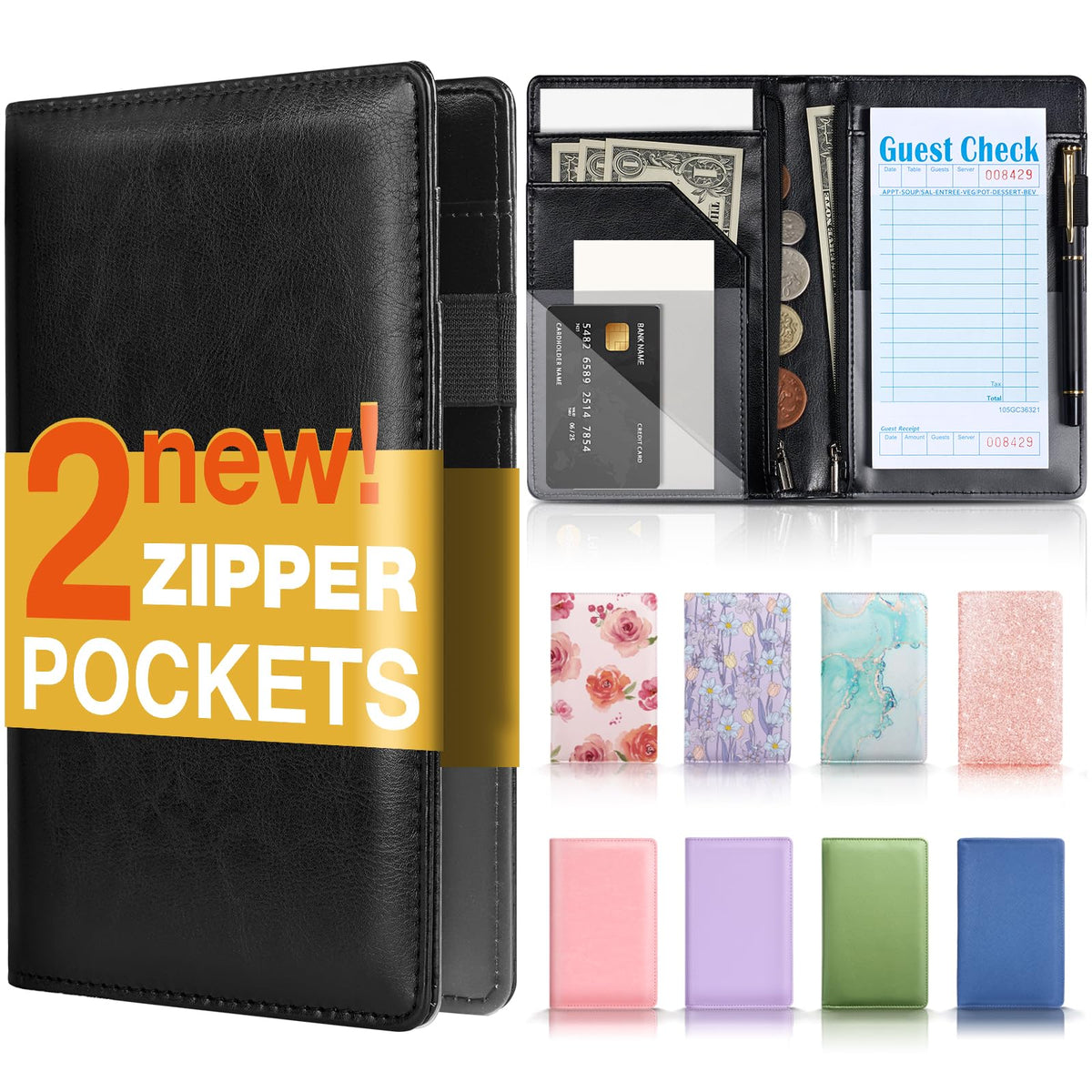 Forvencer Server Book, 2 Zipper Pocket, Server Books for Waitress, Waitress Book for Servers, Fits Waitress Apron, Guest Book, Waitress Accessories, Serving Book,Receipt Holder, Black