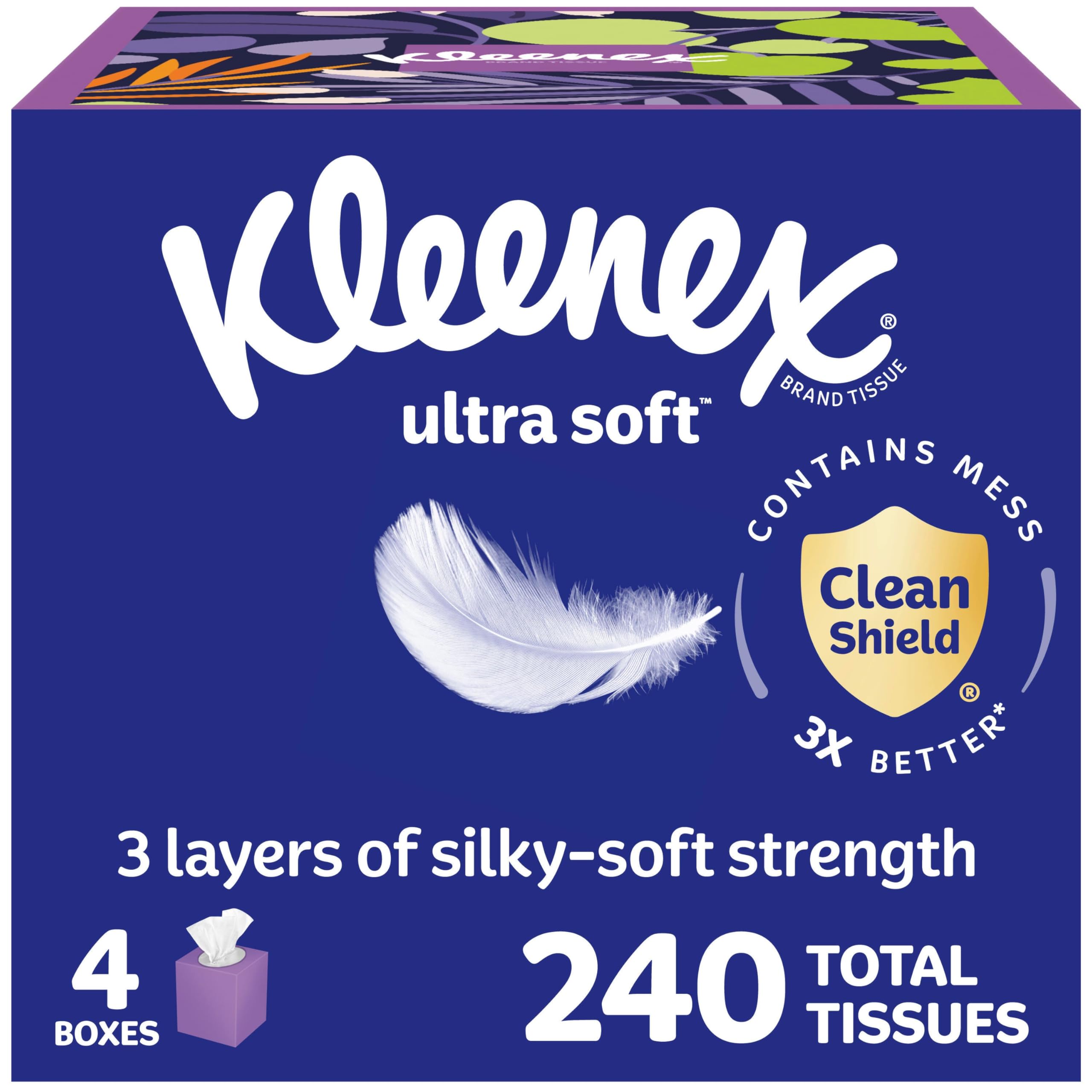 Kleenex Ultra Soft Gesichts- und Kosmetiktücher, 4 Würfelboxen, 60 Tücher pro Box, 3-lagig (insgesamt 240), Verpackung kann variieren