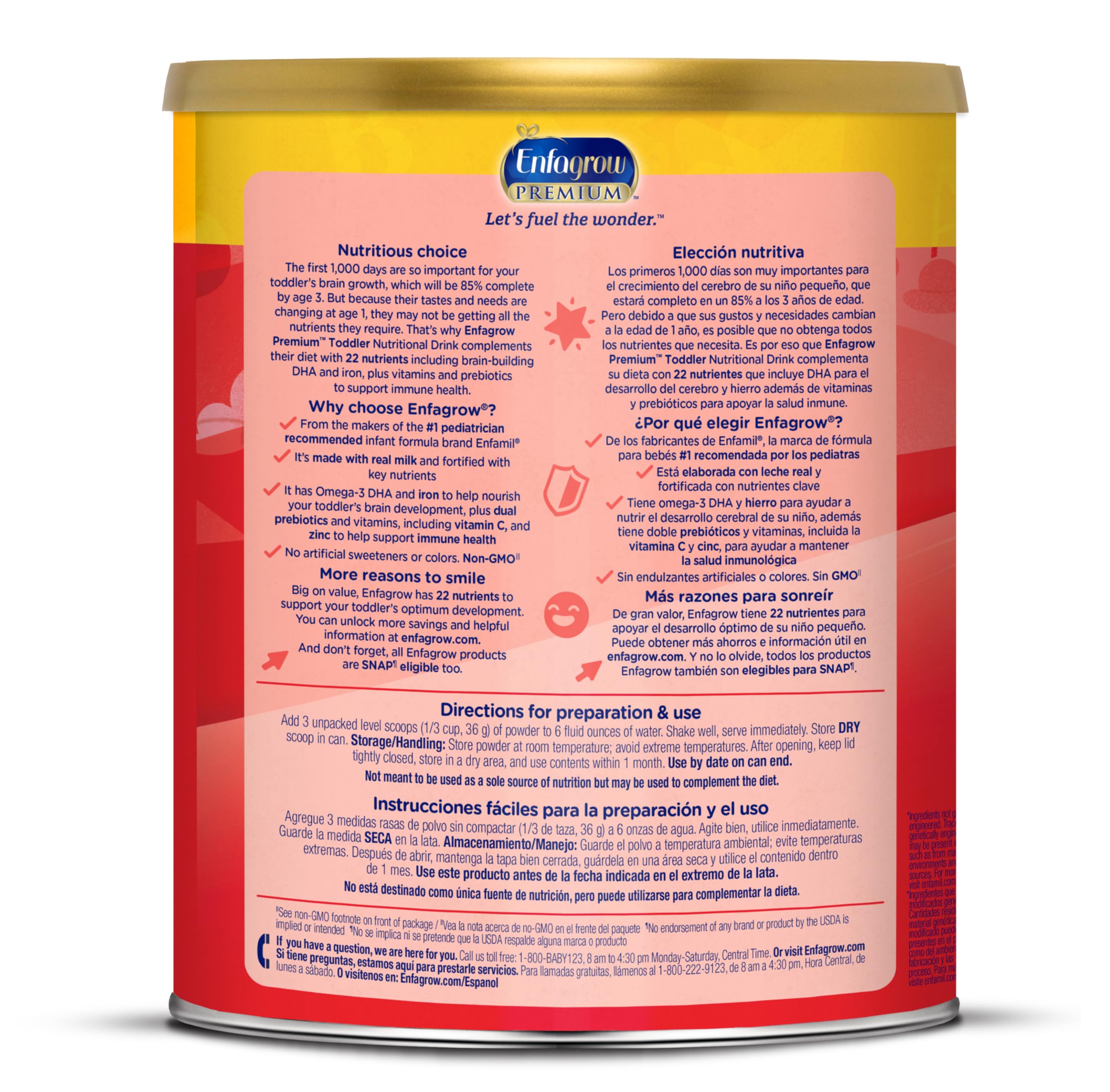 Enfagrow Premium Toddler Nutritional Drink, Made with Real Milk, Brain-Building Omega-3 DHA, Nutrients and Prebiotics for Growth & Immune Support, Non-GMO, Toddler Milk Powder, 32 Oz Can