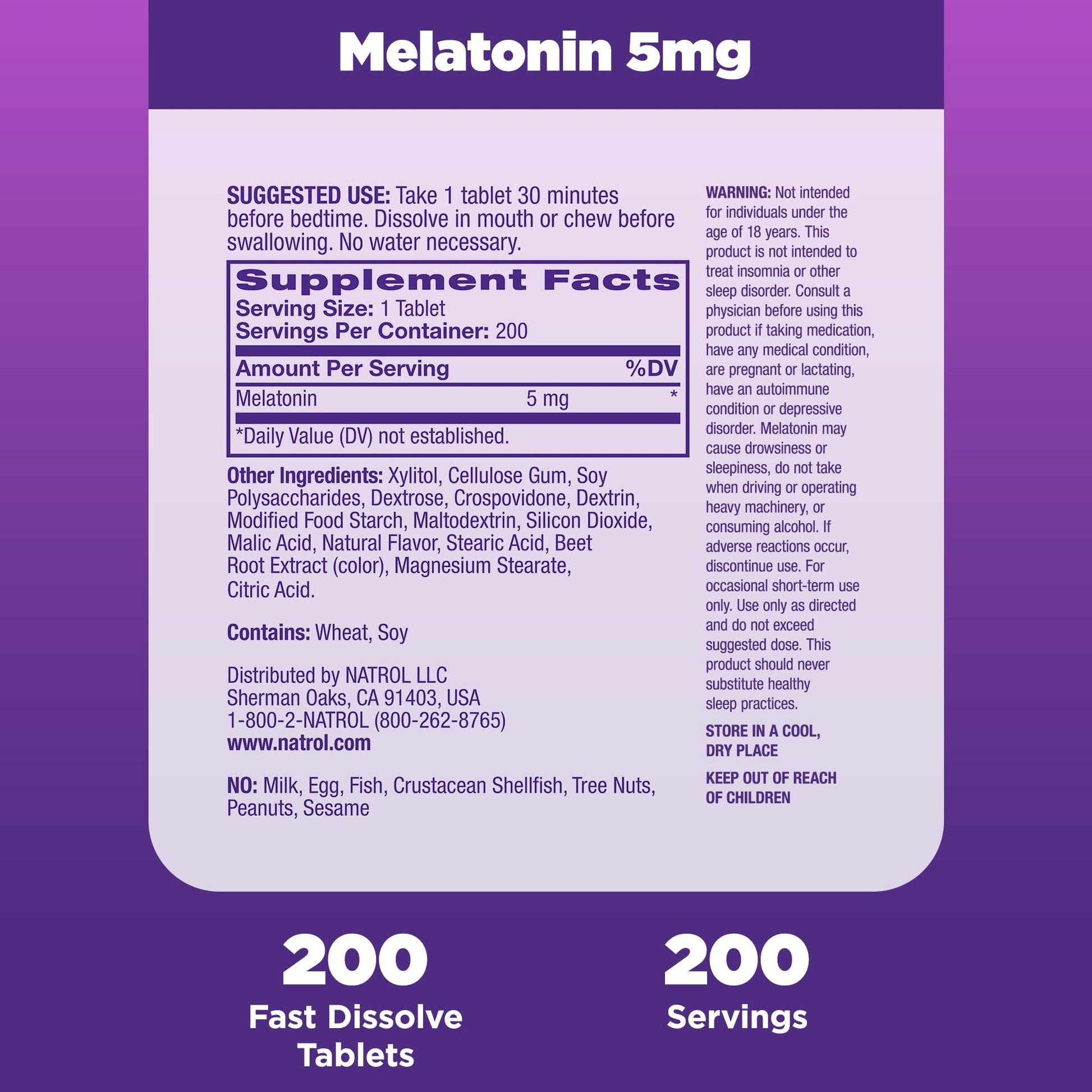 Natrol Melatonin 5mg Fast Dissolve Tablets, Sleep Support Supplements for Adults, Strawberry Flavor, 200 Tablets, Up to 200 Day Supply