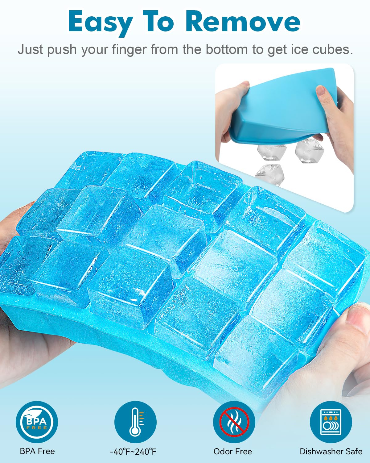 2 Pack Ice Cube Trays, ZDPMK Silicone Easy Release Flexible Molds 15 Ice Cubes Tray for Freezer，Cocktail，Whiskey，Reusable & BPA Free