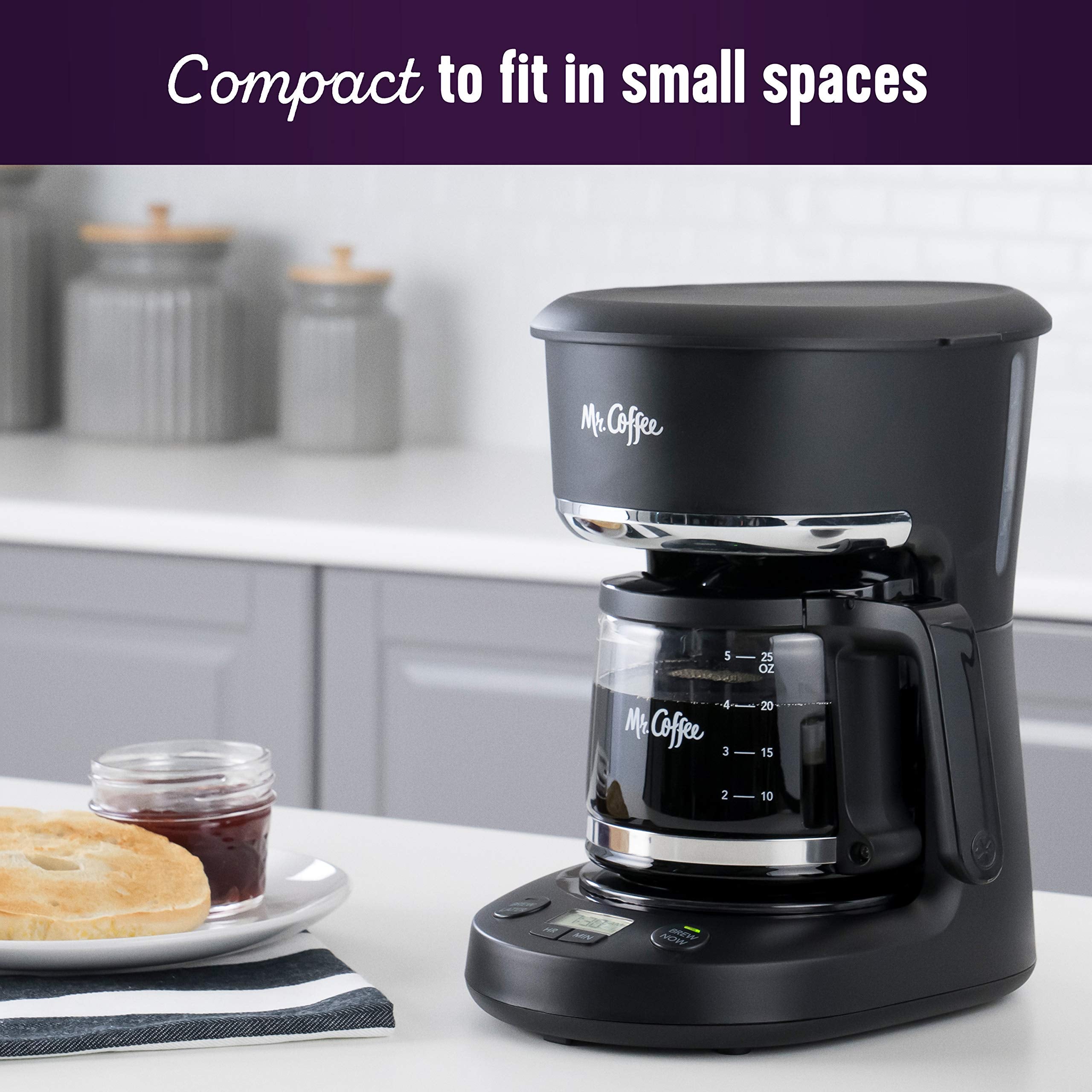 Mr. Coffee Programmable Coffee Maker 5 Cups with Auto Pause Glass Carafe Compact Design Black