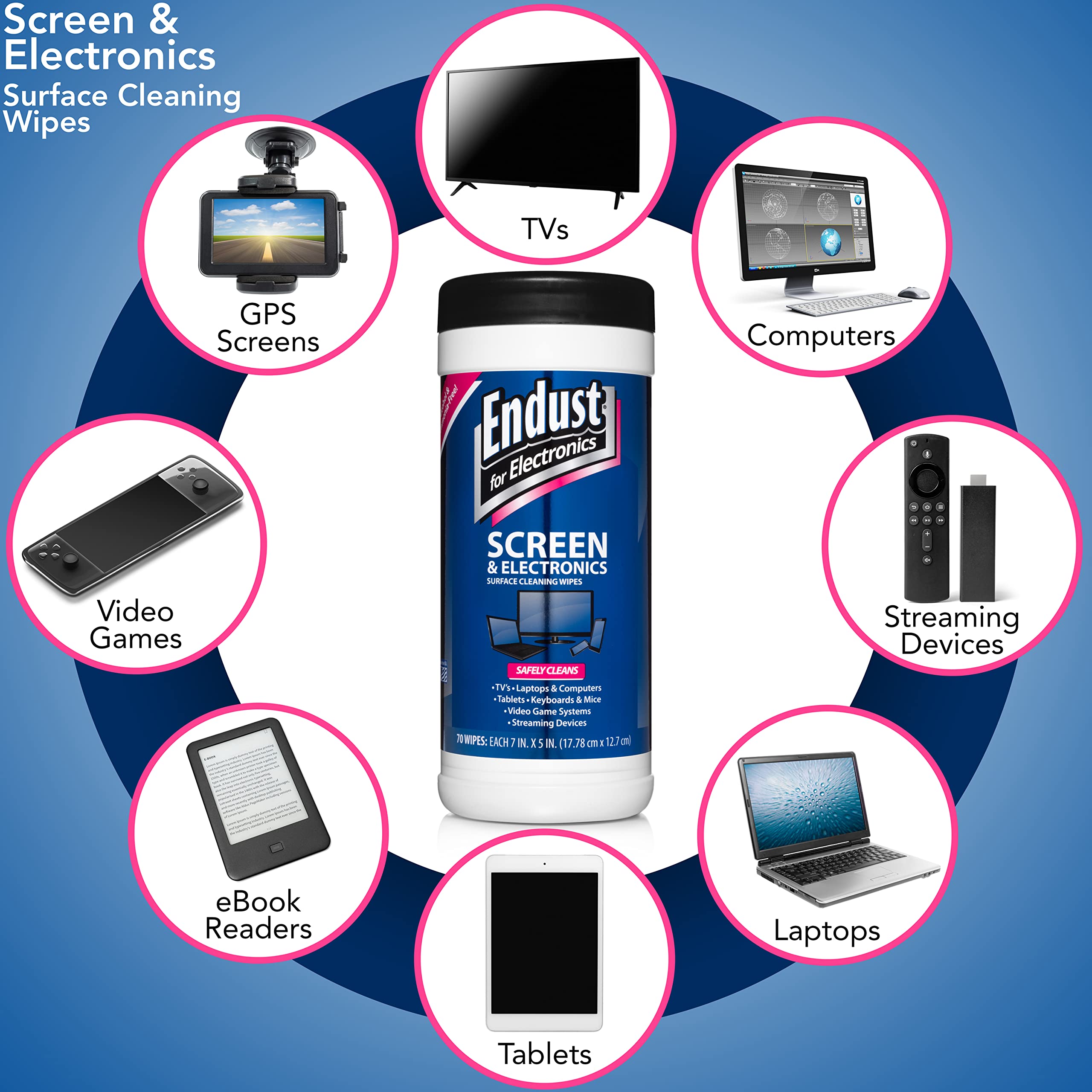 Endust for Electronics; Screen & Surface Cleaning Wipes, Great LCD and Plasma Wipes, 70 Wipes (11506)
