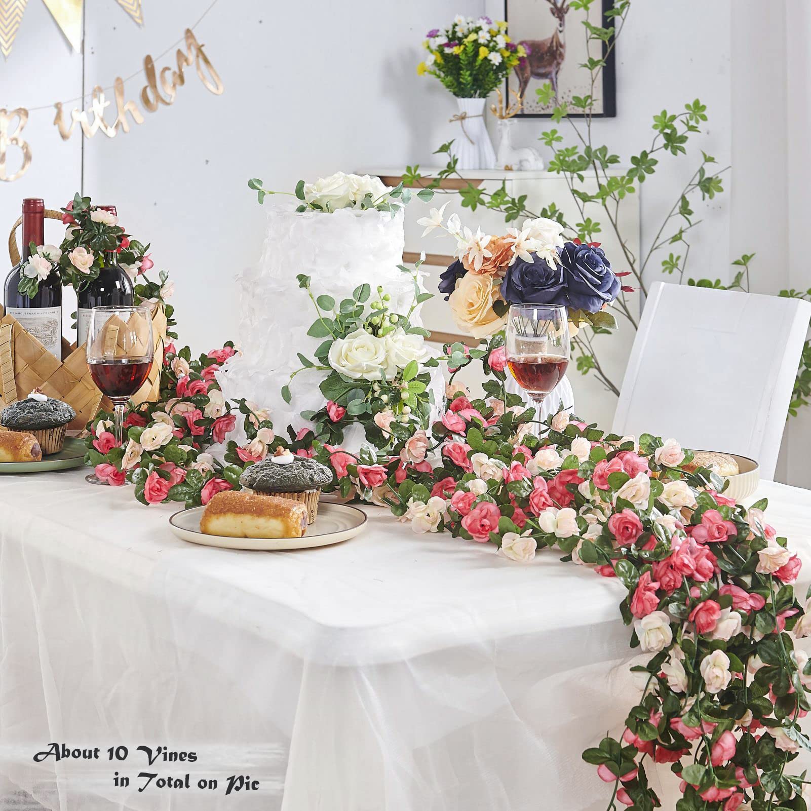 PONKING 8 Pcs x 8.2 ft Flower Garland Artificial Rose Vine Flowers with Green Leaves Hanging Fake Roses Vine for Room Party Home Wedding Birthday Christmas Wall Arch Decor, Spring Pink Flower