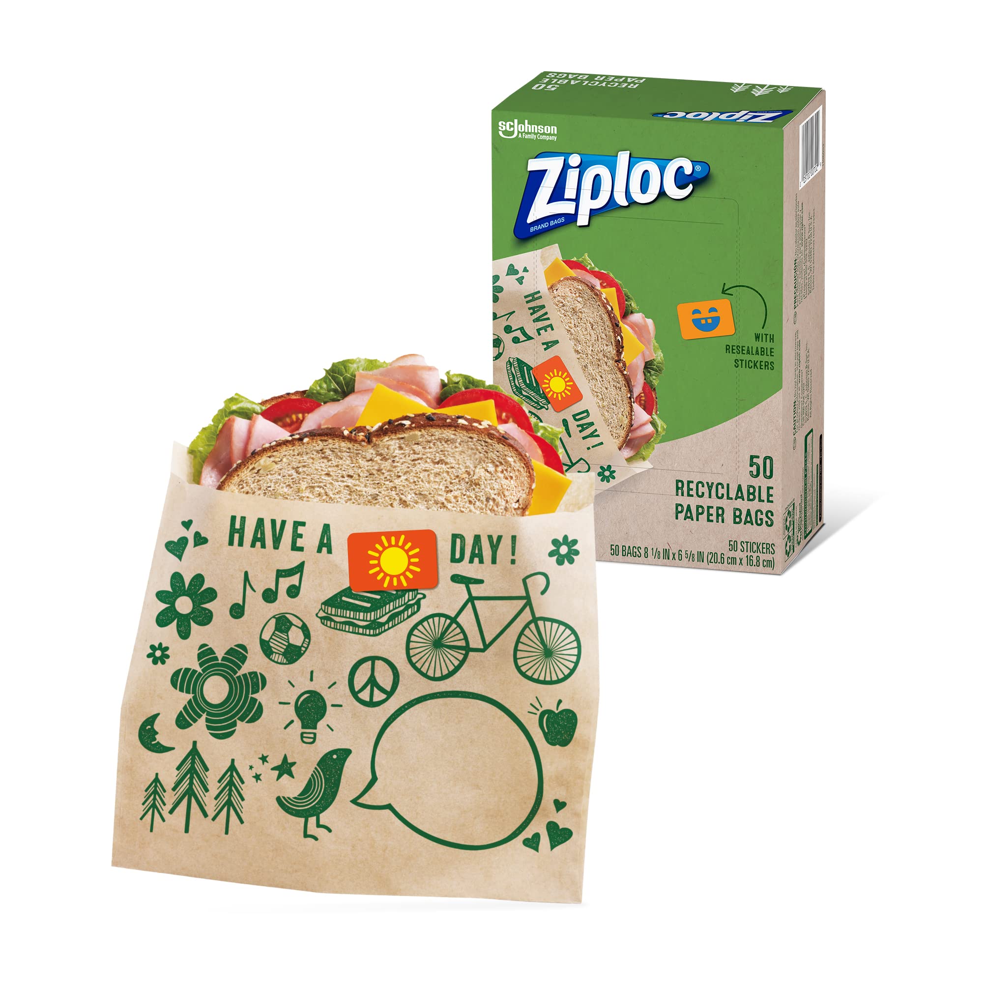 أكياس الساندويتشات والوجبات الخفيفة الورقية من Ziploc، قابلة لإعادة التدوير والغلق بتصاميم مرحة، 50 كيسًا إجمالاً