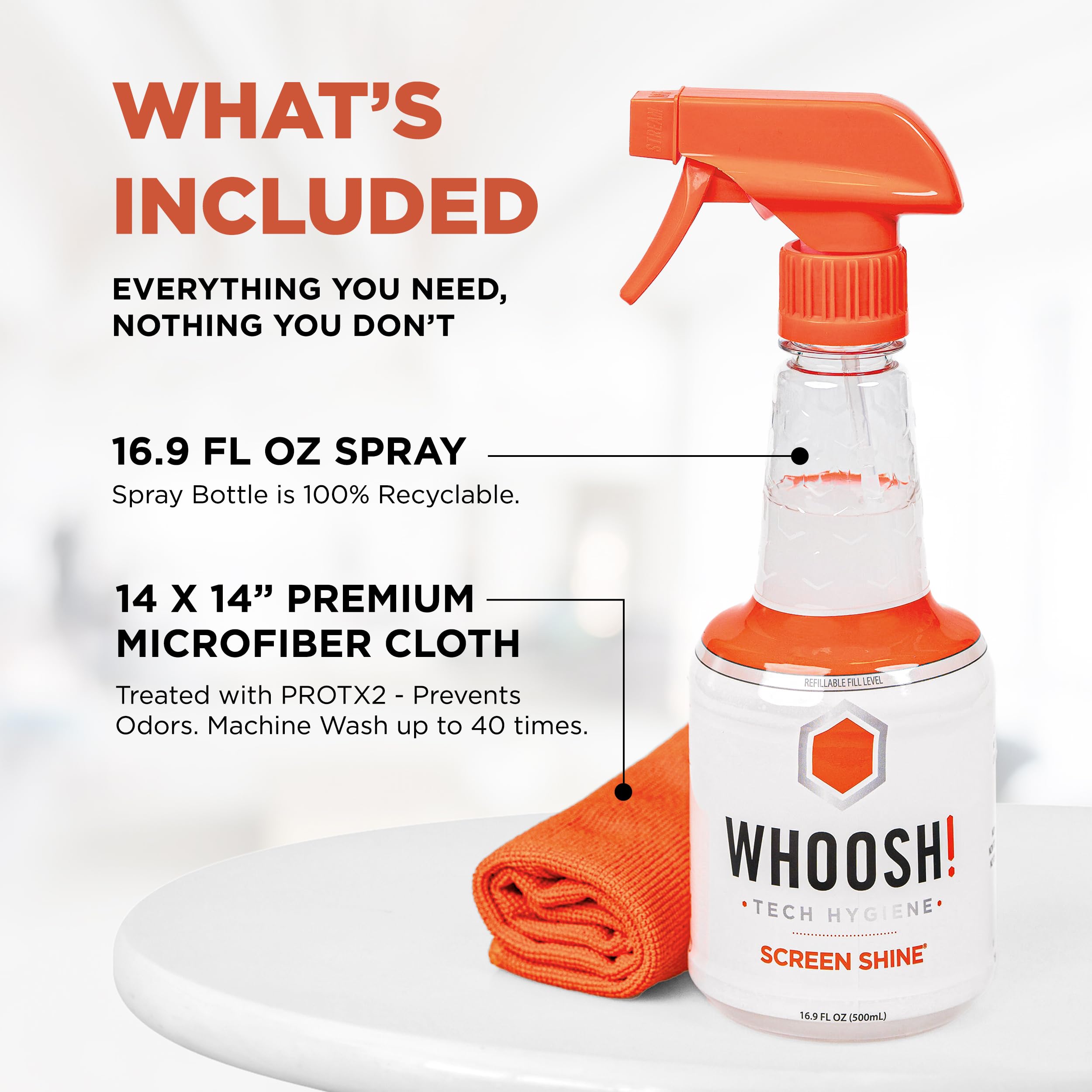 WHOOSH! Screen Shine Pro 16.9 fl oz Refillable TV Screen Cleaner with Microfiber Cloth - Streak-Free Cleaner for Flat Screen, OLED TV, LCD, Smart TV, and Monitors - Non-Toxic and Odorless Formula