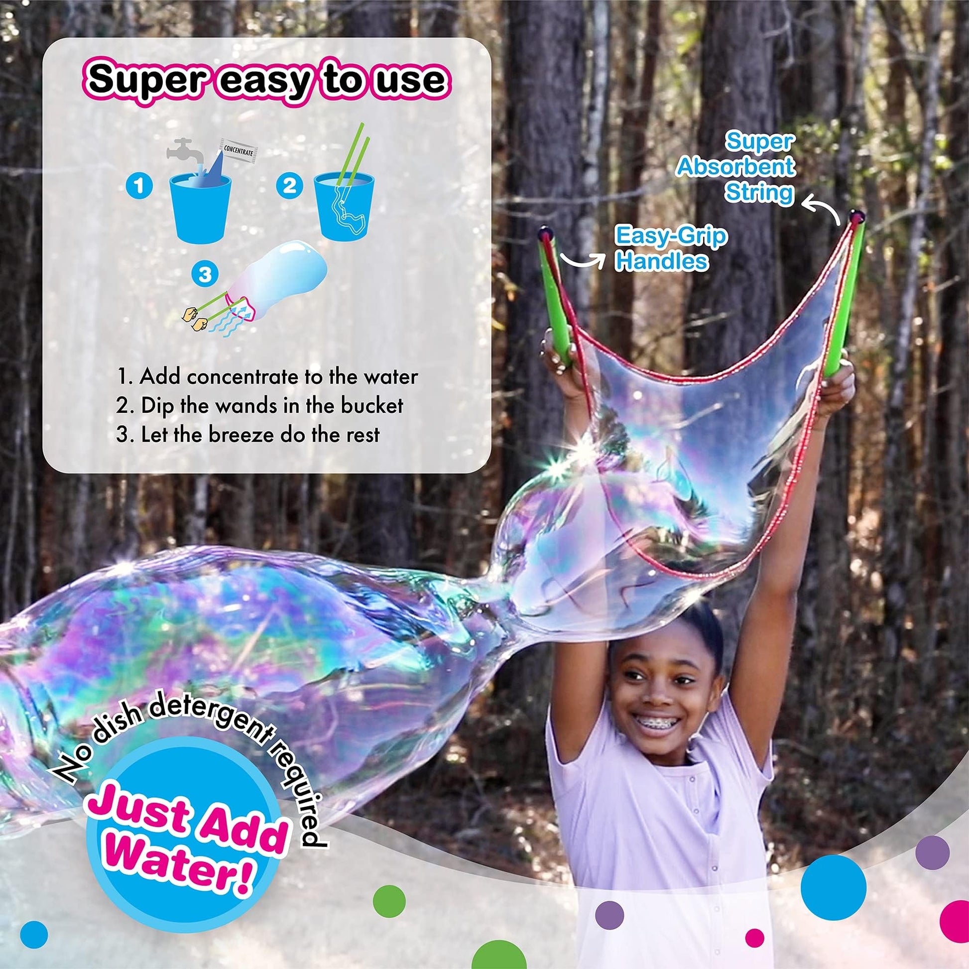 WOWmazing Giant Bubble Wands Kit: (4-Piece Set) | Incl. Wand, Big Bubble Concentrate and Tips & Trick Booklet | Outdoor Toy for Kids, Boys, Girls | Bubbles Made in The USA