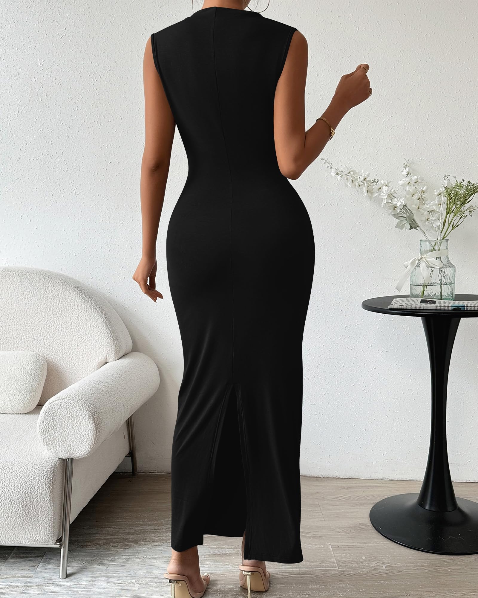 BTFBM Women's Ruched Bodycon Dress Summer Casual Sleeveless Back Slit Elegant Club Evening Party Cocktail Maxi Dresses(Black, Medium)