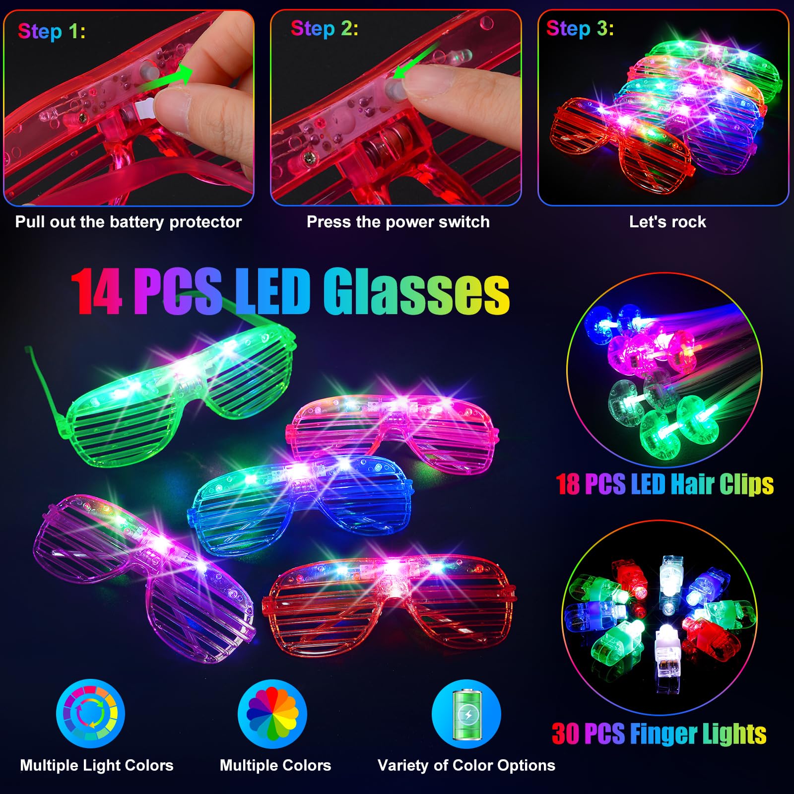 SHQDD 158 PCS Glow in the Dark Halloween Party Supplies, 14PCS LED Glasses, 30LED Finger Lights, 14LED Light Hairs and 100PCS Glow Sticks Bracelets, Neon Party Favors for Wedding,Concert, Birthday