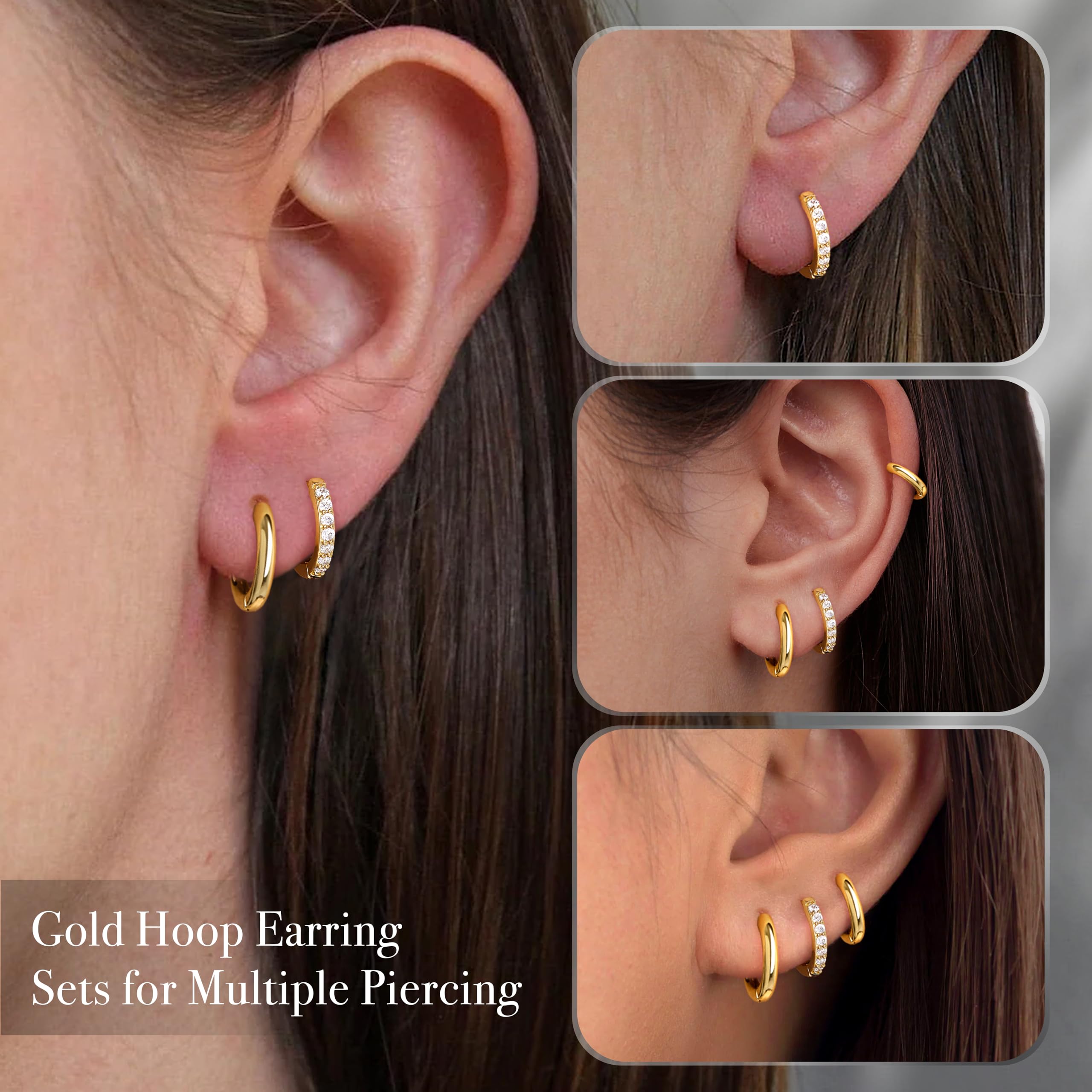 Gold Hoop Earrings for Women Trendy Hypoallergenic Small Huggie Cartilage Stack Cute Earring Set for Sensitive Ears Clip On 14K Gold Helix Conch Rook Tragus Daith Piercing Jewelry Gifts for Mom Accessories