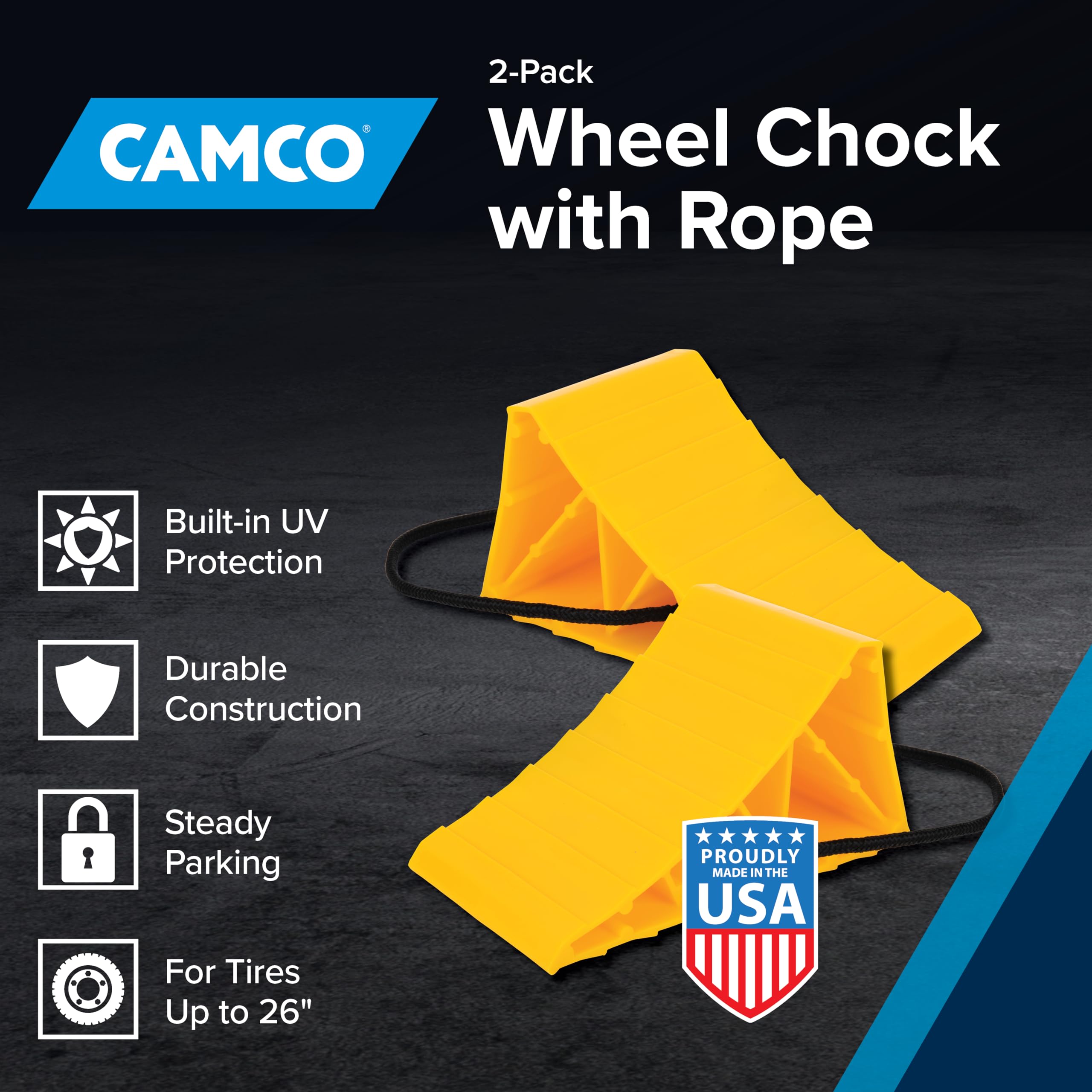 Camco Camper & RV Wheel Chock with Rope - Keeps Trailer in-Place to Safely Unhitch or Park - Compatible with Wheels Up to 26” in Diameter & Molded of Heavy-Duty Hard Plastic - 2-Pack - 44471