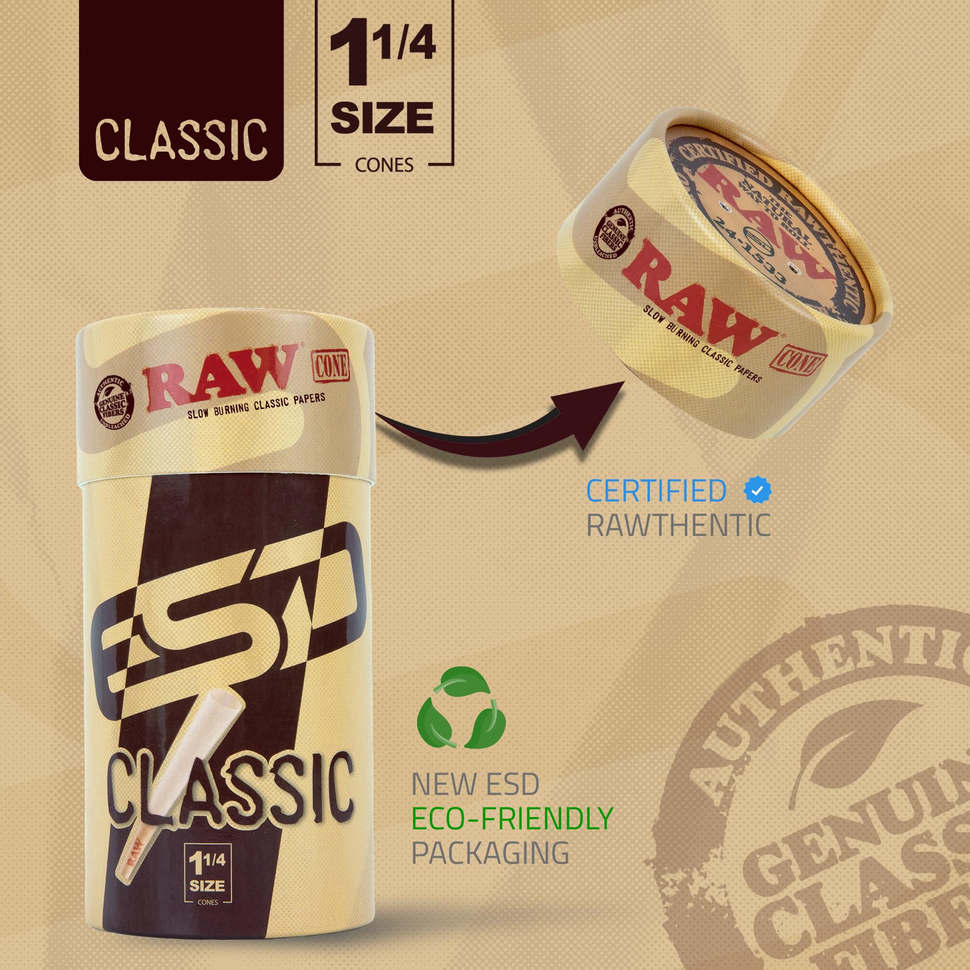 RAW Classic 1-1/4 Slow Burning Pre-Rolled Cones - 100 Pack with Tips & Packing Tubes Included