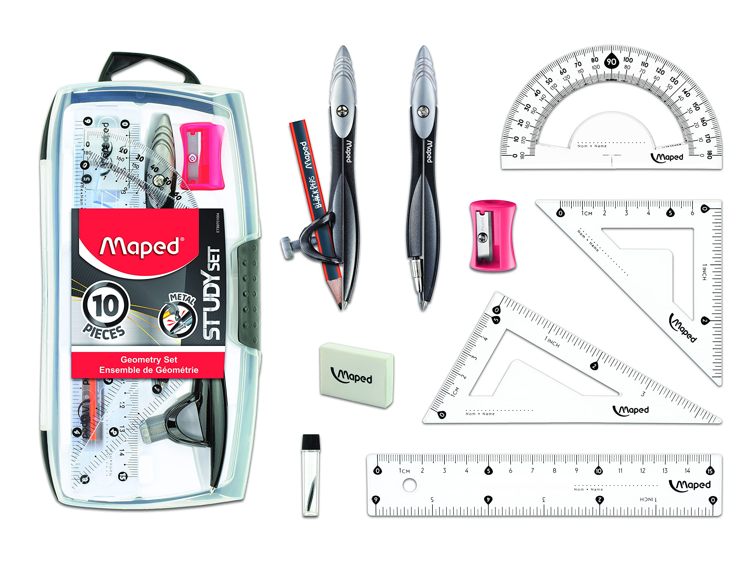 Maped Study Geometrie-Set, 10-teilig – Fortgeschrittenes Schüler-Kit – Präzisionswerkzeuge – Robustes und ergonomisches Design – Fördert die Kreativität – Hochwertige Materialien