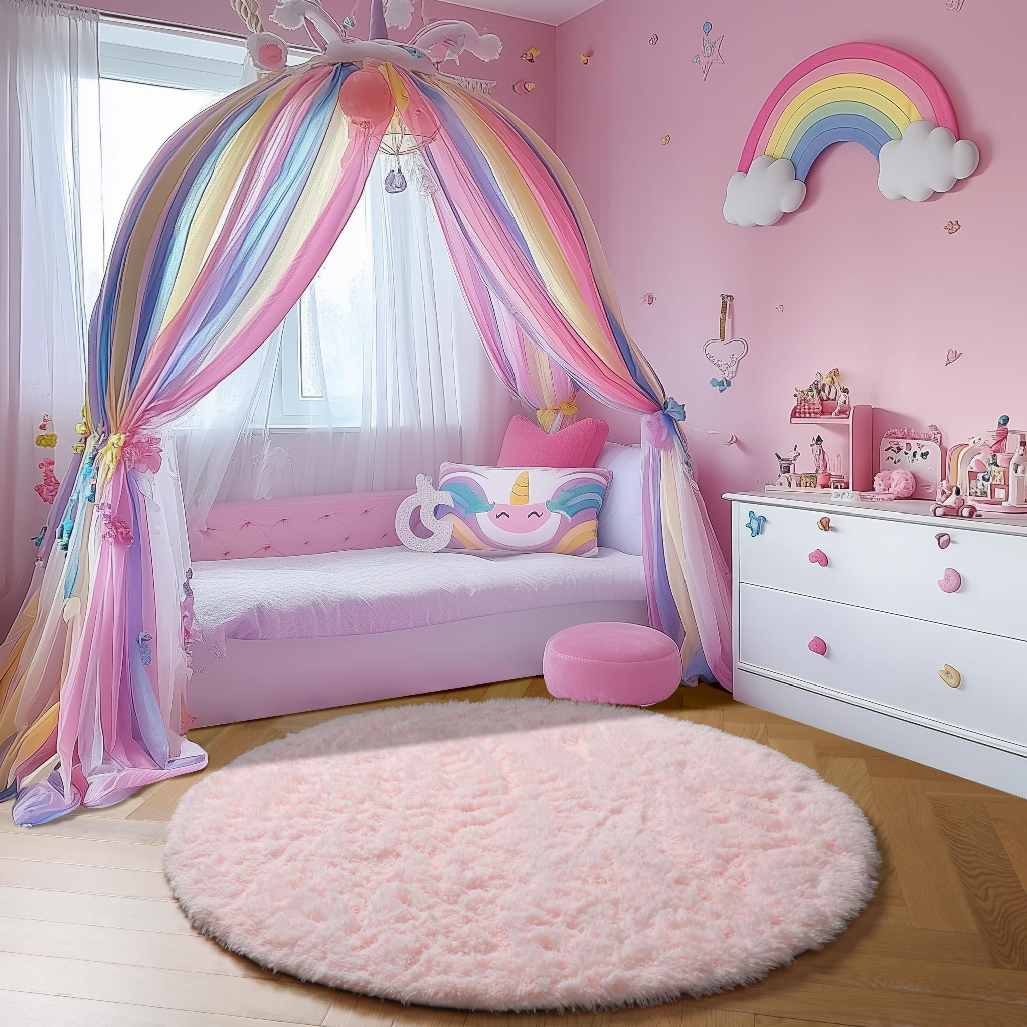 Amdrebio Light Pink Round Rug 4Ft for Girls Bedroom, Fluffy Circle Area Rugs for Kids Room Decor Aesthetic, Cute Shag Fuzzy Carpet for Nursery, Preppy Dorm, Classroom, Playroom, Teen, Baby, Washable