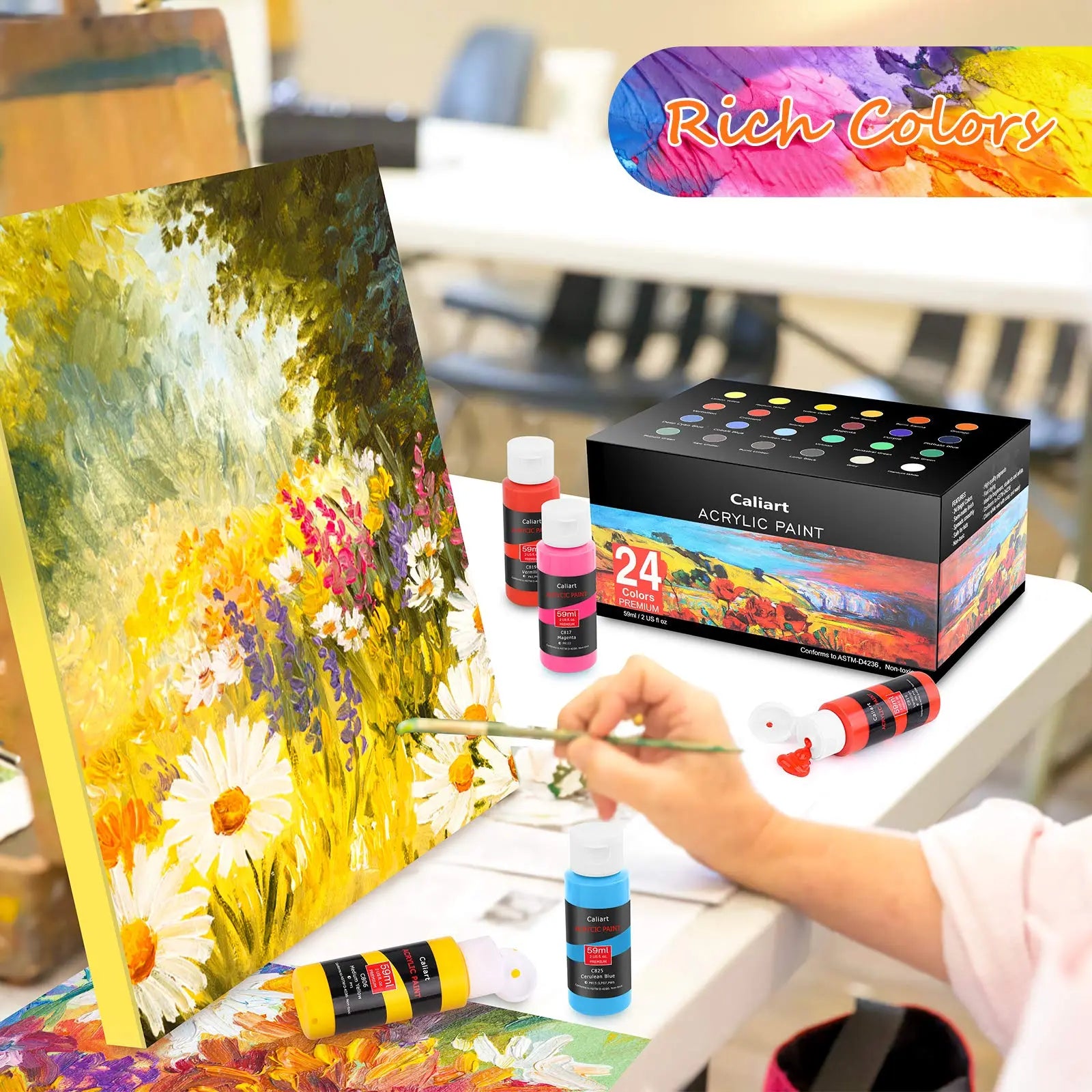 Caliart 24 Colors Acrylic Paint Set with 12 Brushes, Art Craft Paints Gifts Trendy Stuff for Adults Artists Kids Teens, Halloween Pumpkin Canvas Ceramic Rock Eggs Painting Kit Art Supplies