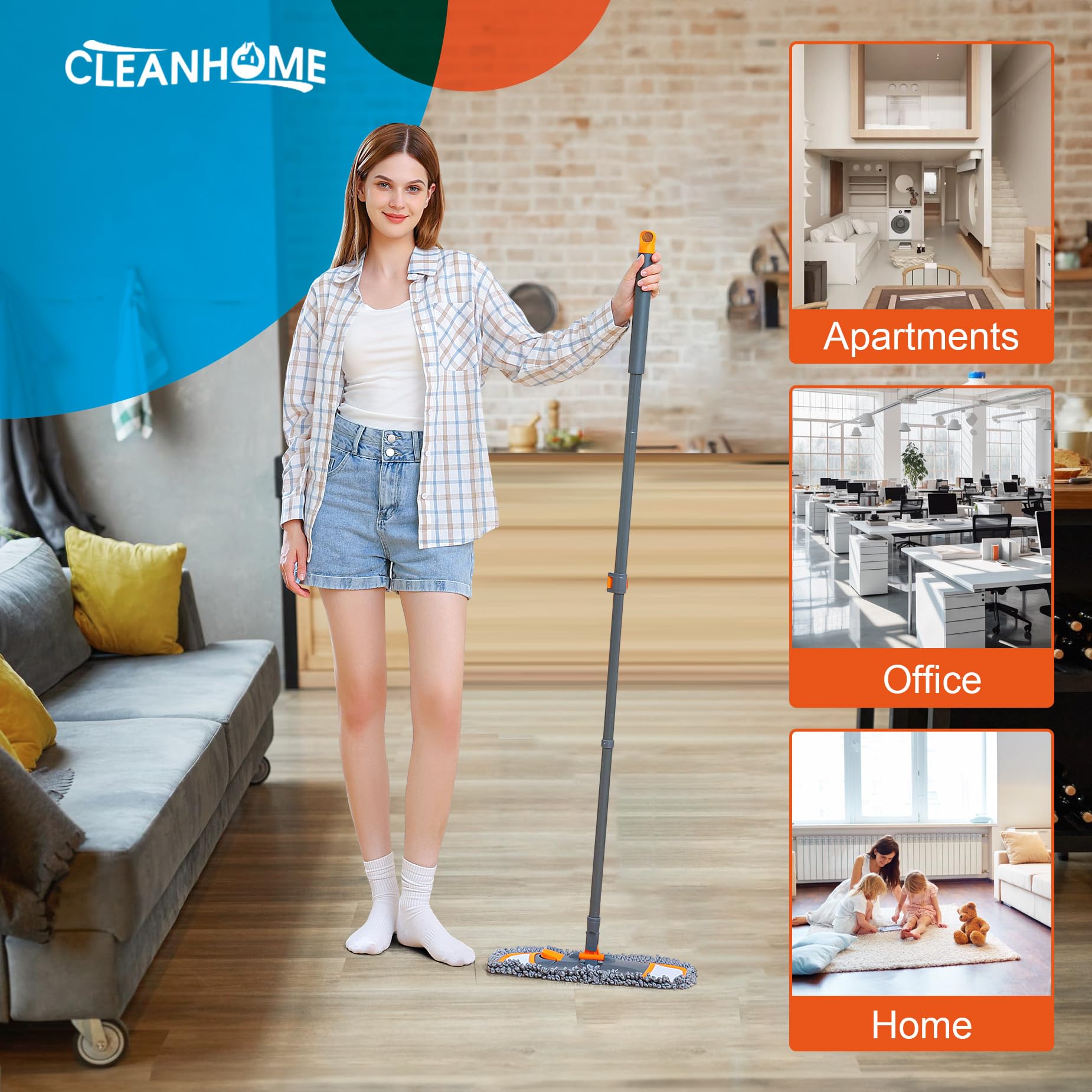 CLEANHOME Mops for Floor Cleaning with 3 Different Washable Pads and Extendable 55” Long Handle, Multifunction Dust Mop for Hardwood,Marble,Tile Floor Mopping,Orange