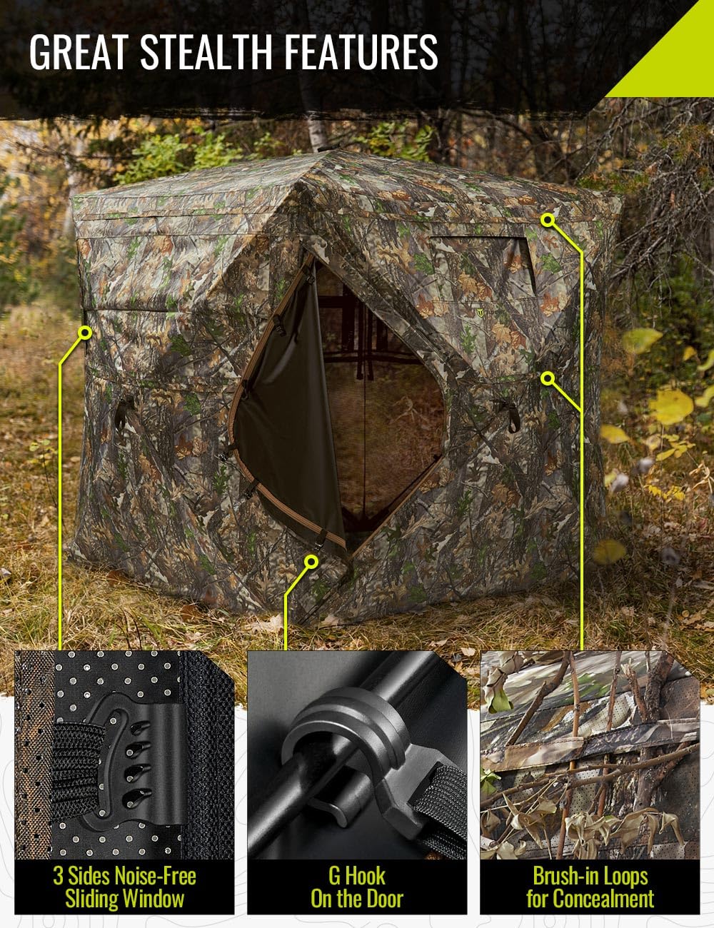 TIDEWE Hunting Blind 270°See Through with Carrying Bag, 2-3 Person Pop Up Ground Blinds, Portable Resilient Hunting Tent (Camouflage)