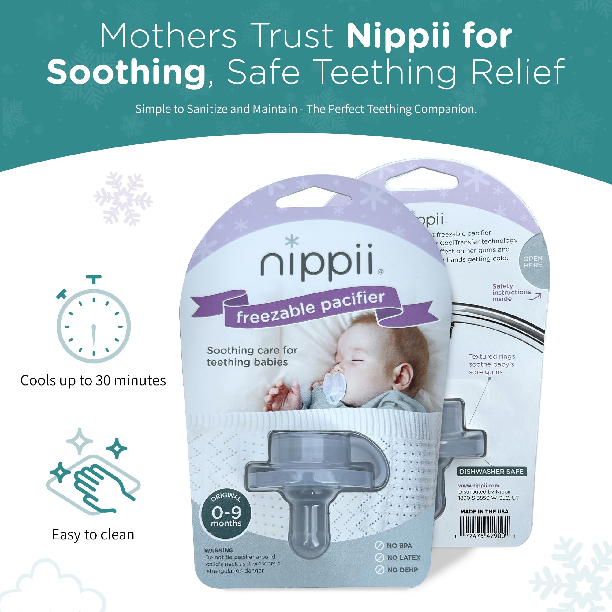 Nippii Freezable Pacifier for Baby Teething Relief - Safe Infant Teether with Cooling Effect - Easy to Clean, Medical Grade Soft Silicone - BPA Free - for Babies 0-9 Months - Made in USA