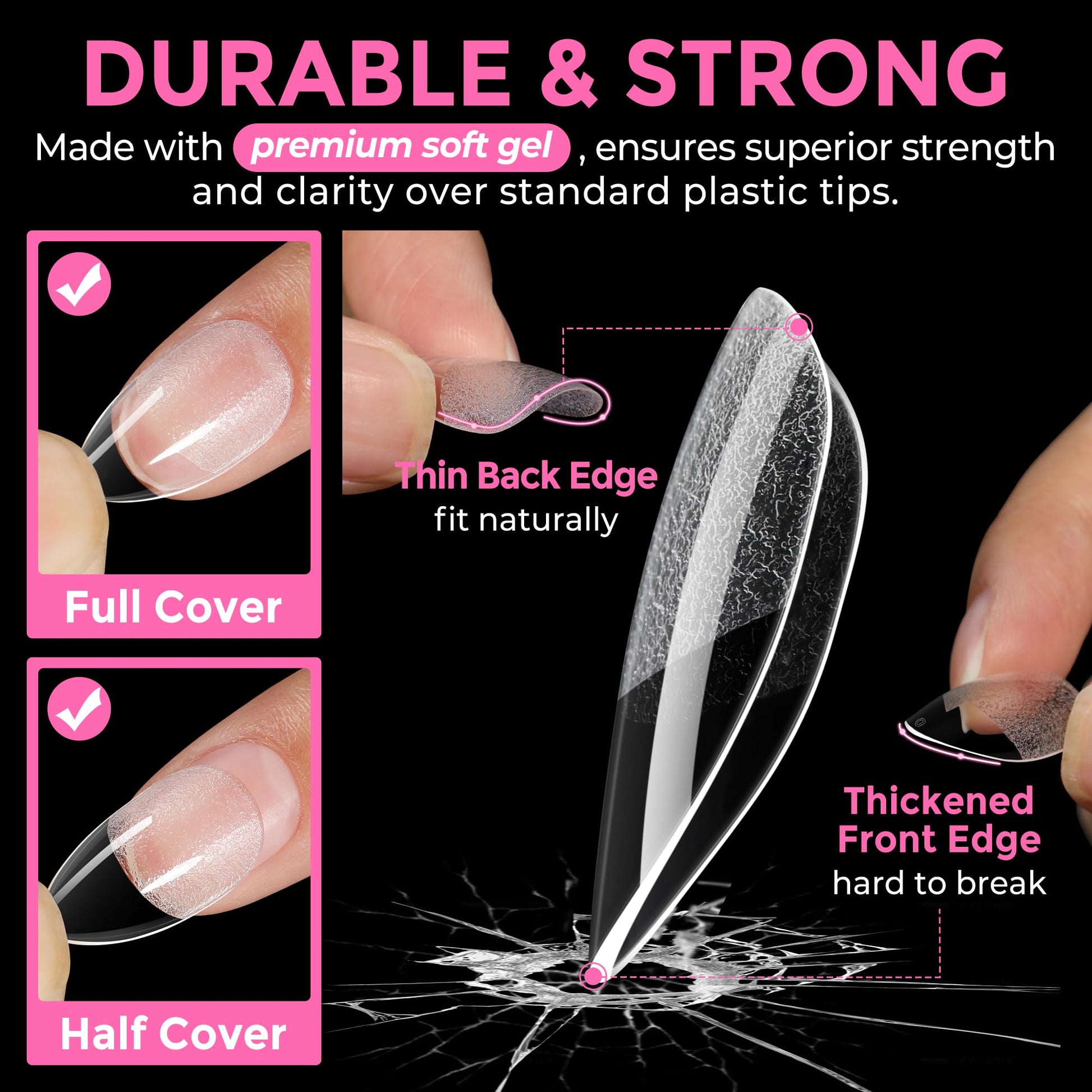 UNA GELLA Short Almond Fake Nails 216pcs Pre-shape Gel Acrylic Nail Tips for Full Cover Nail Extension Home DIY Nail Salon 12 Sizes Gelly Tips