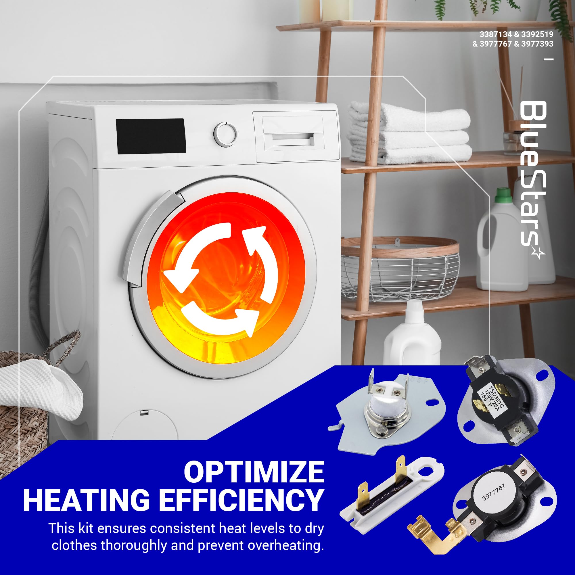 BlueStars [LIFETIME WARRANTY] 3387134 Cycling Thermostat 3392519 Dryer Thermal Fuse 3977393 Thermal Cut-off Switch 3977767 High-limit Thermostat Kit - Compatible with Whirlpool Kenmore Maytag Dryers