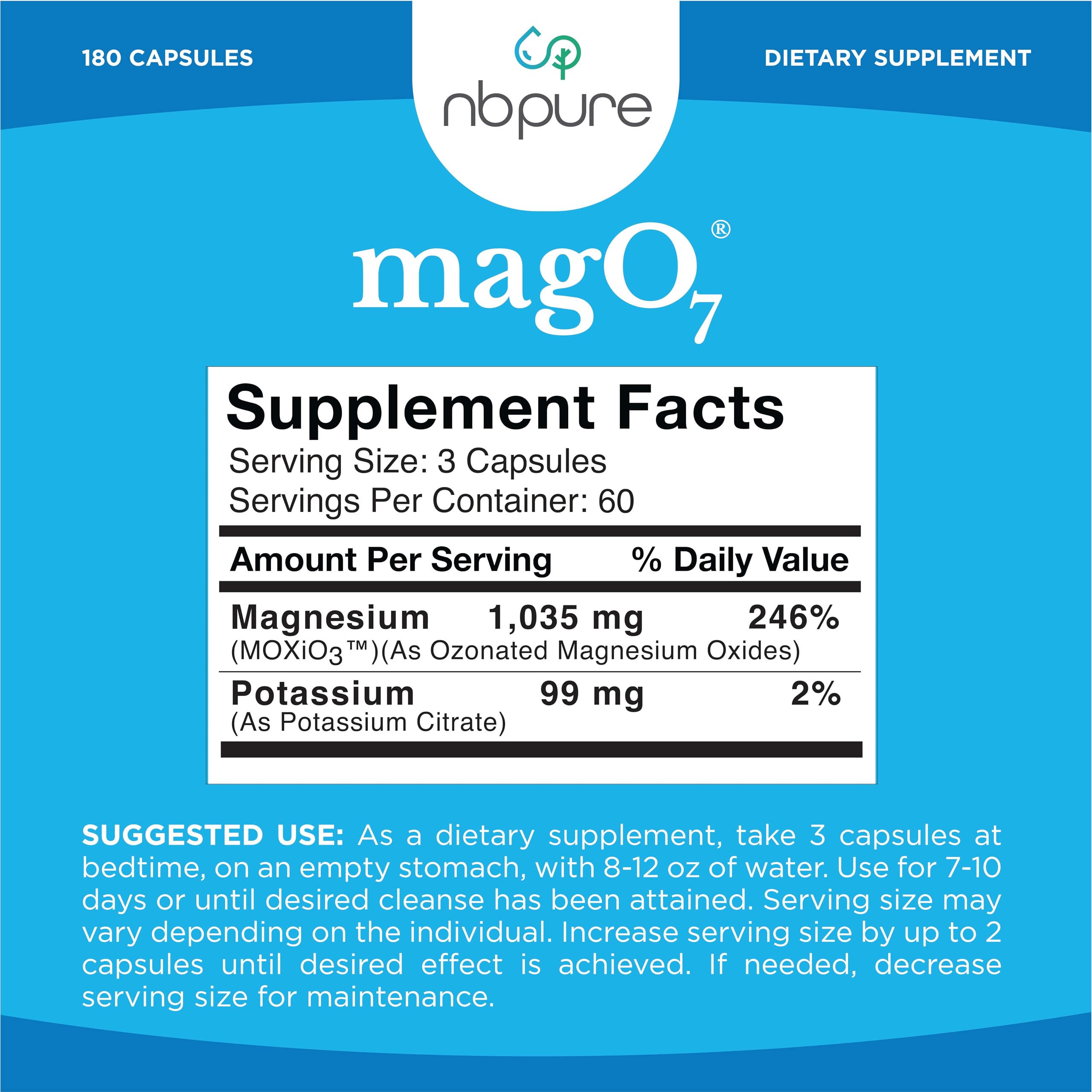 nbpure MagO7 - Natural Colon Cleanse & Detox - Occasional Constipation Relief, Stool Softening, & Bloating Support for Men & Women - Ozonated Magnesium Oxide, 180 Capsules