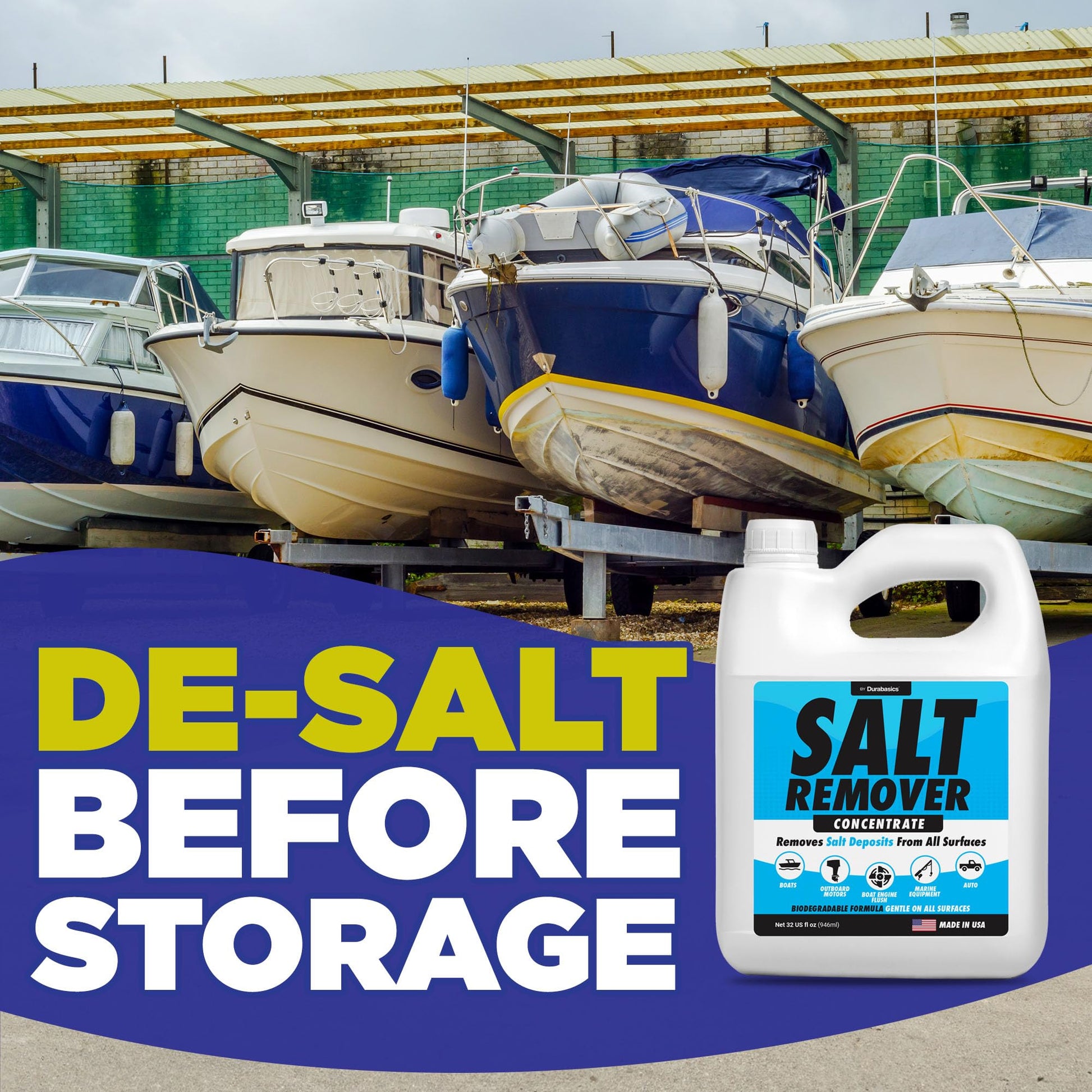 Durabasics Salt Remover Concentrate Kit - Ultimate Boat Salt Remover for Boats & Marine Engine Flush - 32 OZ with Hose Applicator - Perfect for Outboard Motor Flush & Washing Salt Deposits Away