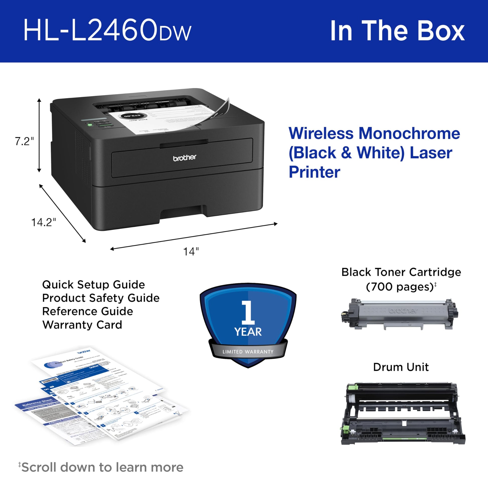 Brother HL-L2460DW Wireless Compact Monochrome Laser Printer with Duplex, Mobile Printing, Black & White Output