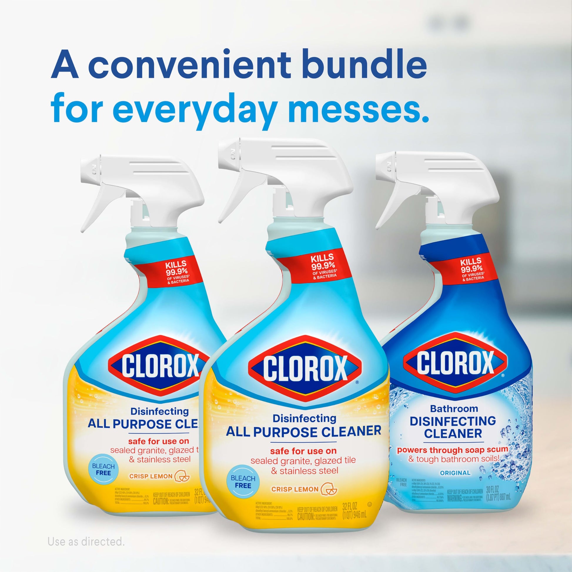 CLOROX Disinfecting All-Purpose Cleaner 32 Oz and Disinfecting Bathroom Cleaner, Household Essentials, 30 Oz, Pack of 3