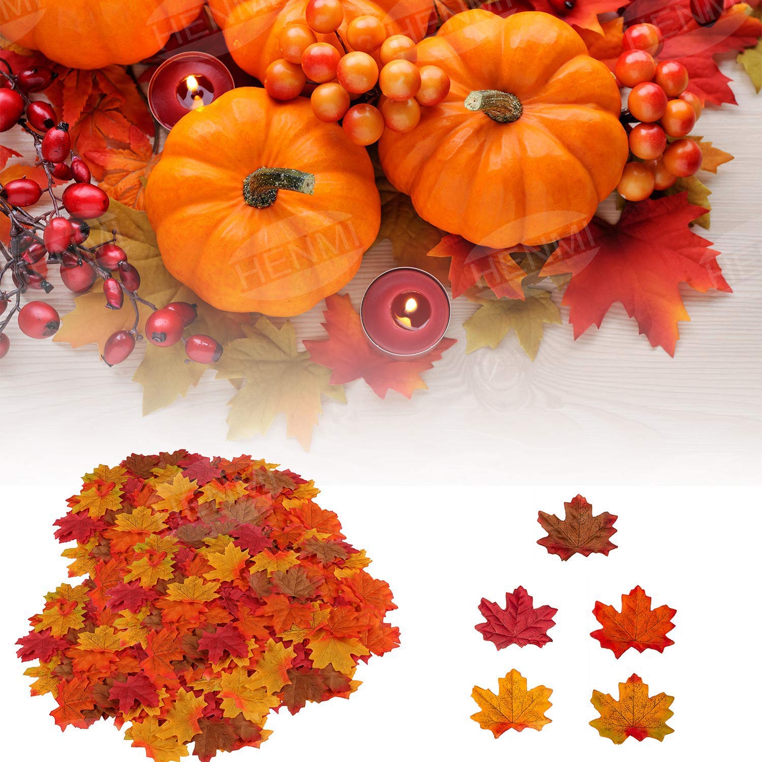 HENMI 500PCS Artificial Maple Leaves 5 Assorted Mixed Fake Fall Maple Leaf Lifelike Looking Silk Autumn Leaf Garland for Halloween Fall Decor Party Festival Thanksgiving Table Decorations…