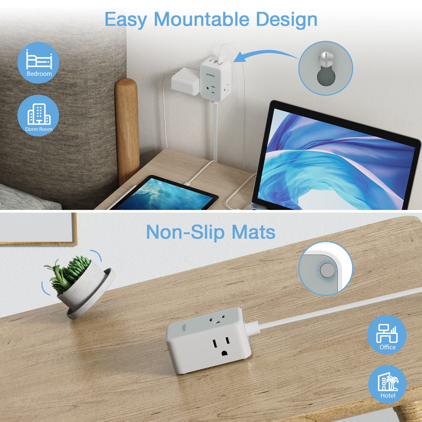 Small Flat Plug Power Strip, TESSAN Ultra Thin Extension Cord with 3 USB Wall Charger (1 USB C), 3 Outlets Mini Charging Station, 5 ft Slim Plug for Cruise Travel Office School Dorm Room Essentials