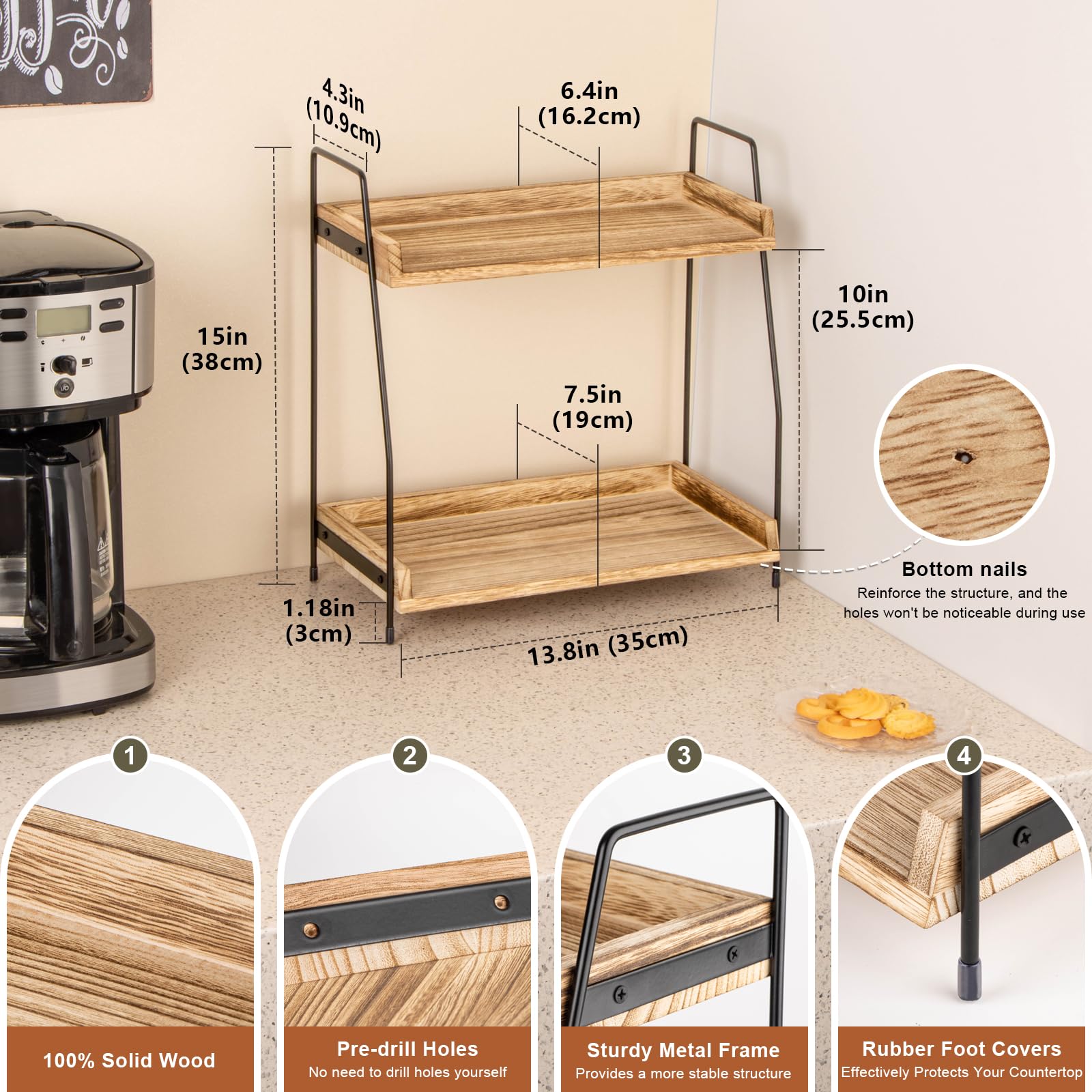 ANBOXIT Countertop Coffee Station Organizer, 2 Tier Wooden Shelf for Coffee Bar Accessories, Condiment Storage Caddy for Kitchen, Home, Office - Brown