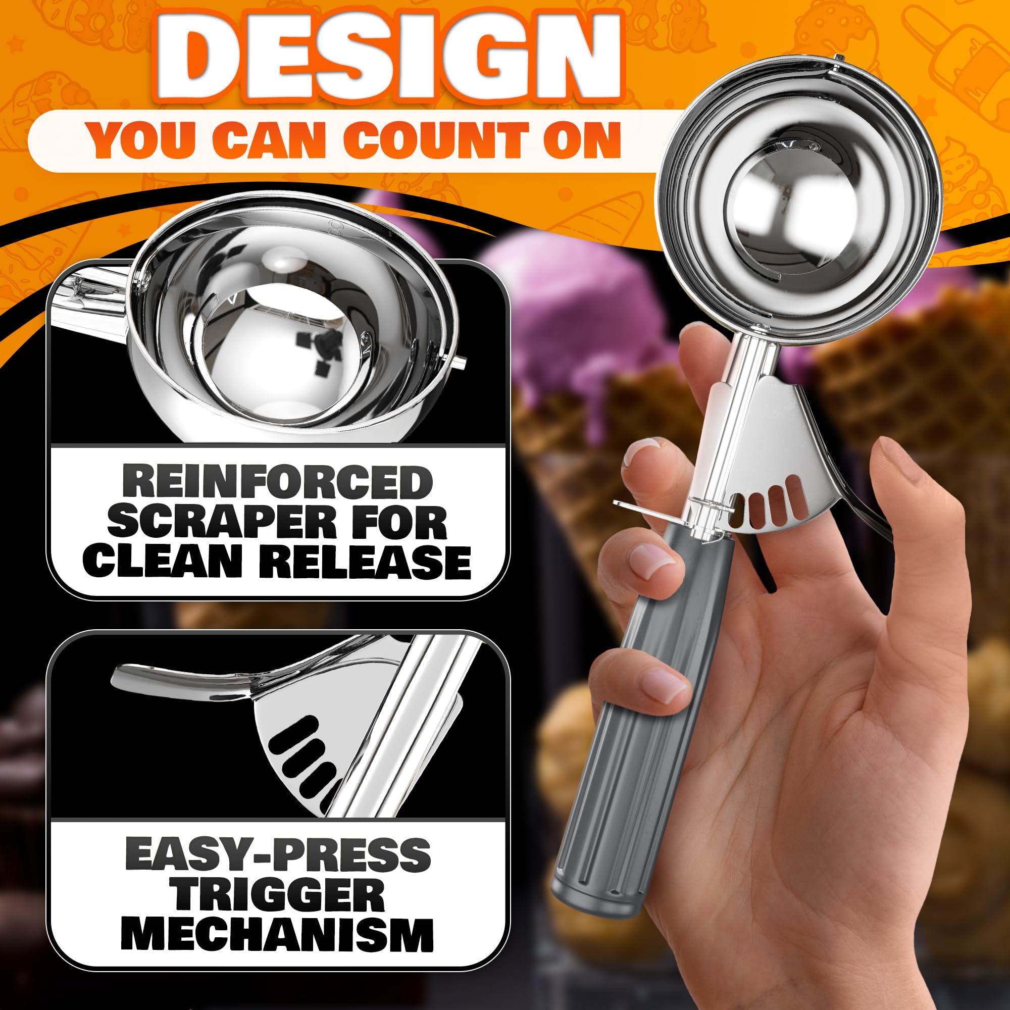 4 oz Ice Cream Scoop with Trigger Release #8 – Stainless Steel Versatile Tool for Baking, Cookies and Desserts Spoons, Easy-to-Clean, Dishwasher-Safe, Ergonomic Design for Precise Culinary Portions
