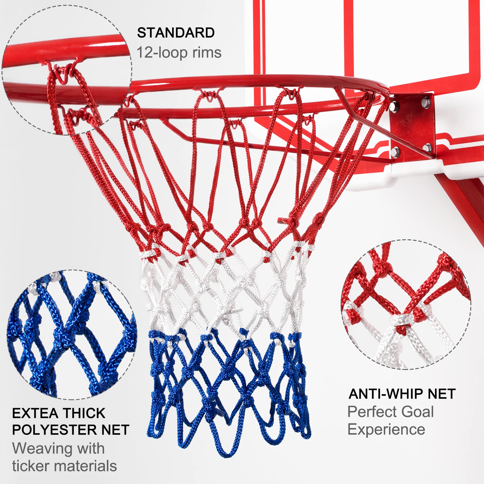 NEIJIANG Basketball Net Replacement, 2025 Upgrade Thick Professional Basketball Nets Heavy Duty Outdoor, All Weather Anti Whip Color Never Fade -12 Loops (Red White Blue)