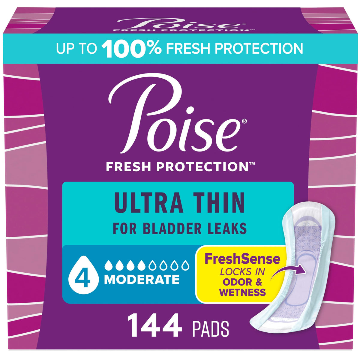 Poise Ultra Thin Inkontinenzeinlagen & Wochenbetteinlagen bei Blasenschwäche, 4 Tropfen, mittlere Saugfähigkeit, reguläre Länge, 144 Stück, Verpackung kann variieren