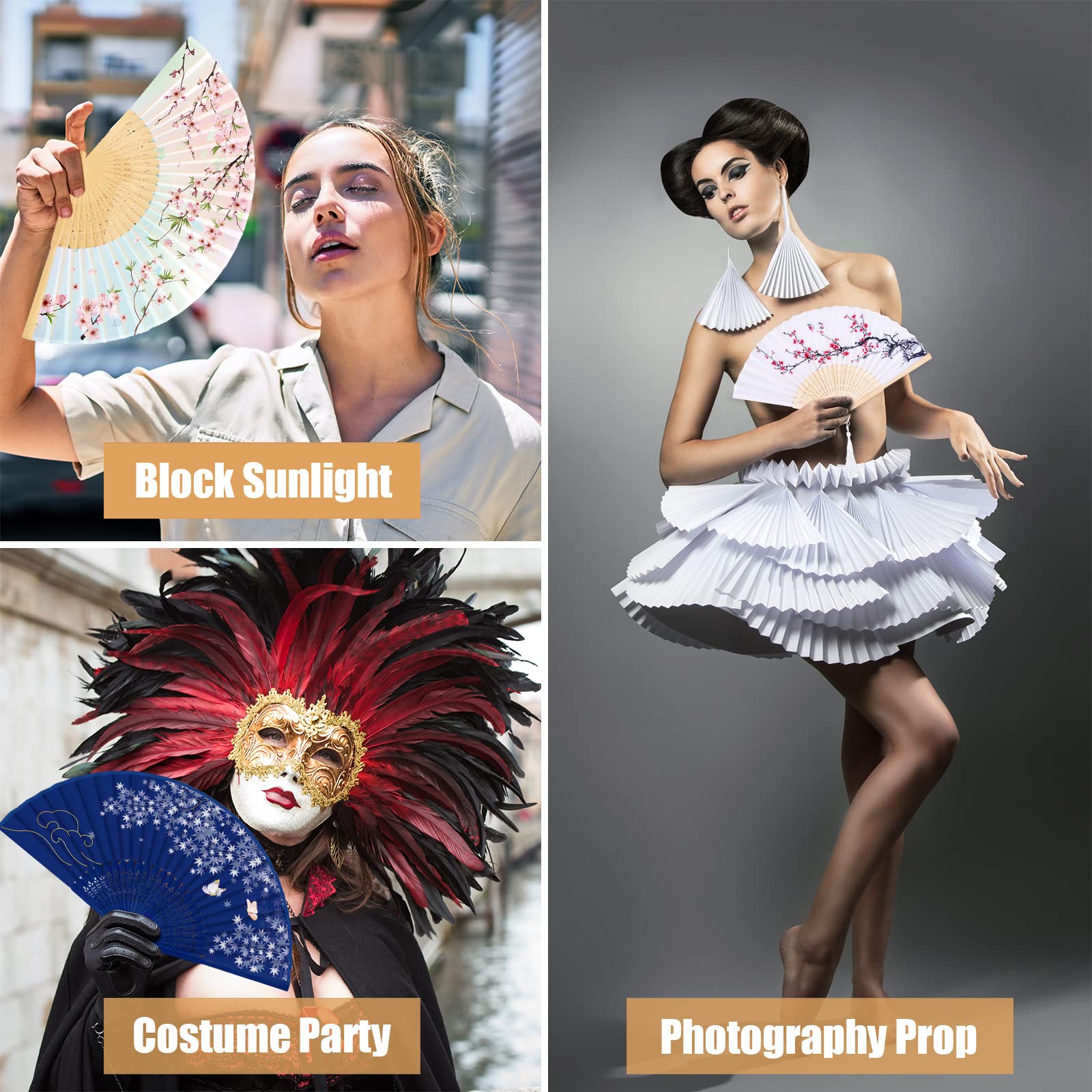WEARXI Handheld Fan, 4 PCS Silk Hand Fan Foldable, Hand Fans for Women Foldable, Bamboo Folding Hand Held Fan, Mothers Day Mom Gifts for Women, Paper Fans for Line Dancing, Party, Wedding & Home Decor