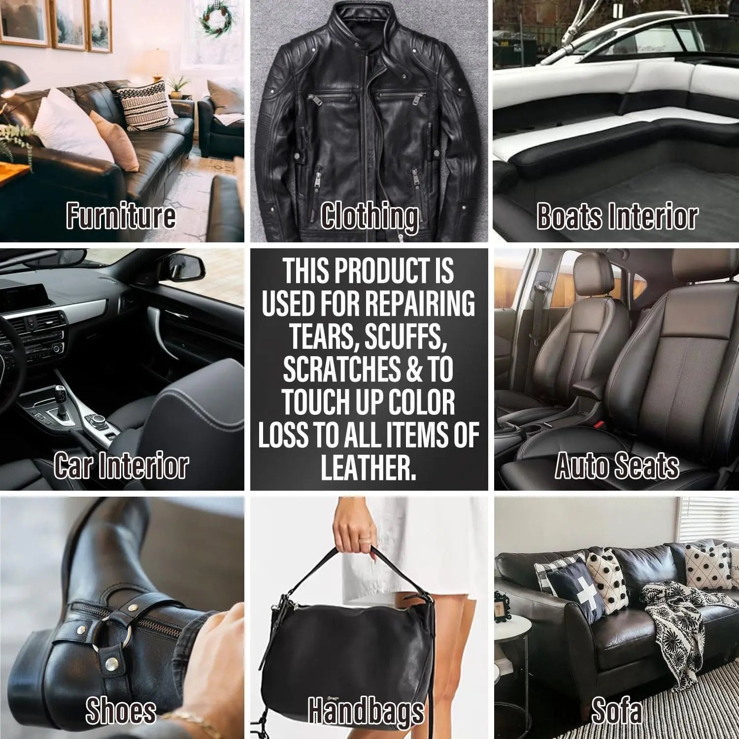 Black Leather Repair Kit, Vinyl Repair Kit for Car Seats, Couch, Boat, Sofa & Purse, Fix Scratch & Rip on Artificial, Faux, Genuine Leather, with Color Matching Guide & Super Easy Instructions