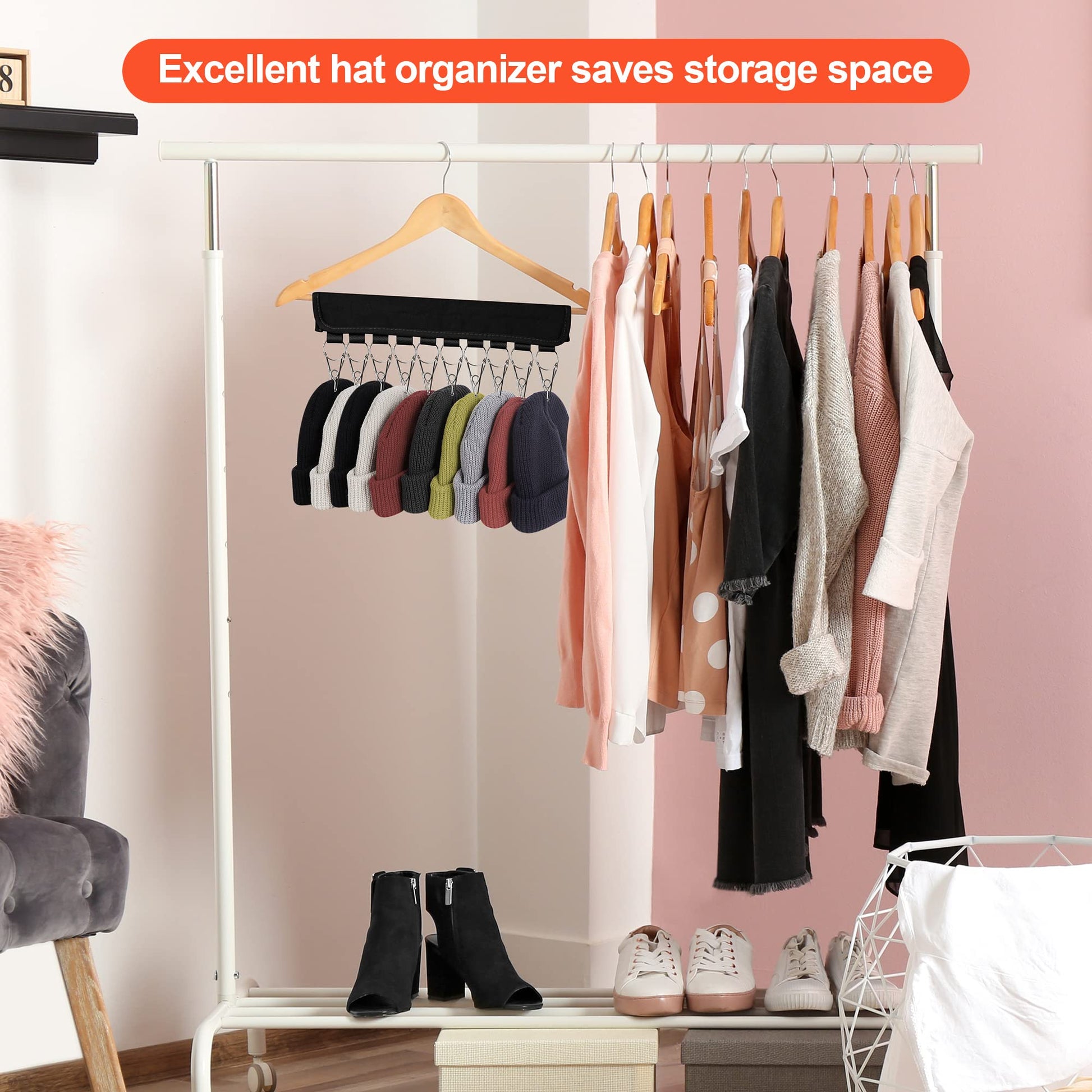 Hat Rack for Baseball Caps Hat Organizer Holder for Hanger & Room Closet Display, 2Pack 10 Hat Storage Clips for Hang Ball Caps Beanie, for Men Gift, Not Including Hangers & Hats (2PC Black)